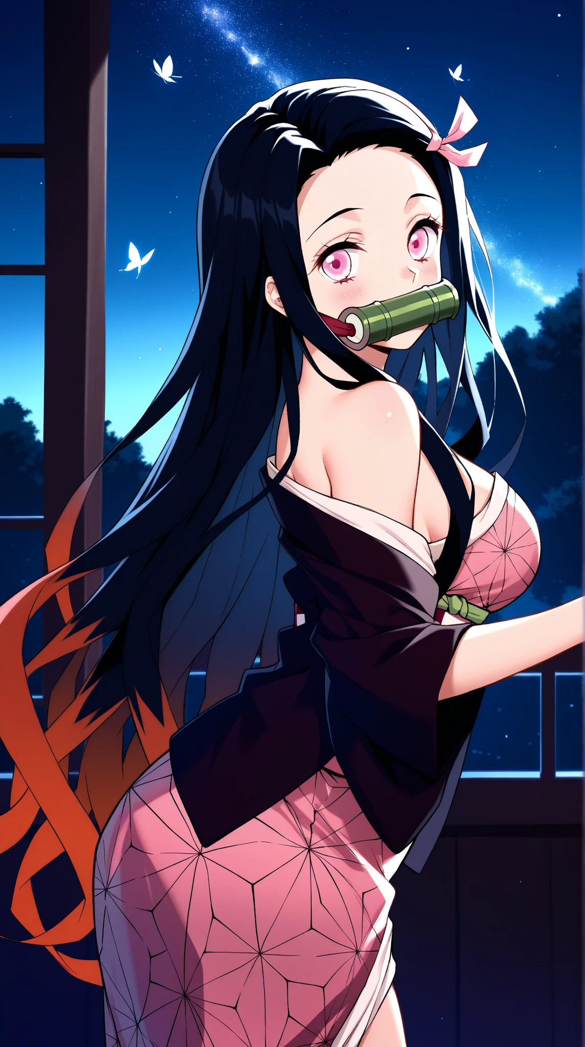 obra-prima, (quimono rosa), rosto sedutor, good ilumination, decote, detalhes finos, obra-prima, olhos brilhantes, 1girl, cabelo preto, bit gag, bambu, Nezuko Kamado, wisteria background, obra-prima, melhor qualidade, POV, corpo inteiro, quadris largos, sbikini, sexy