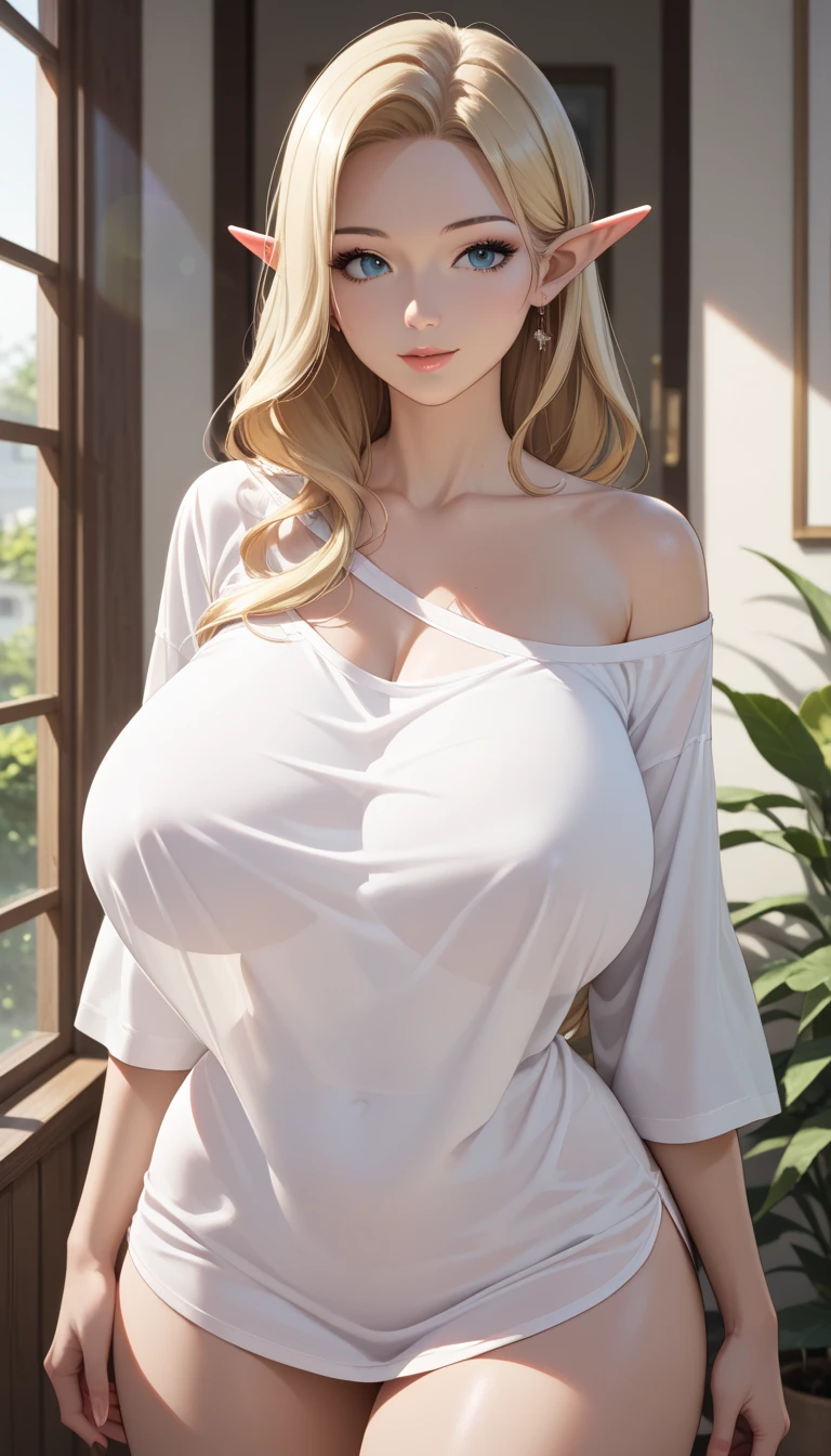 Mom、Blonde gal、giganticbreasts、gaunt、shirt、Bedroom、Panties、Half an eye