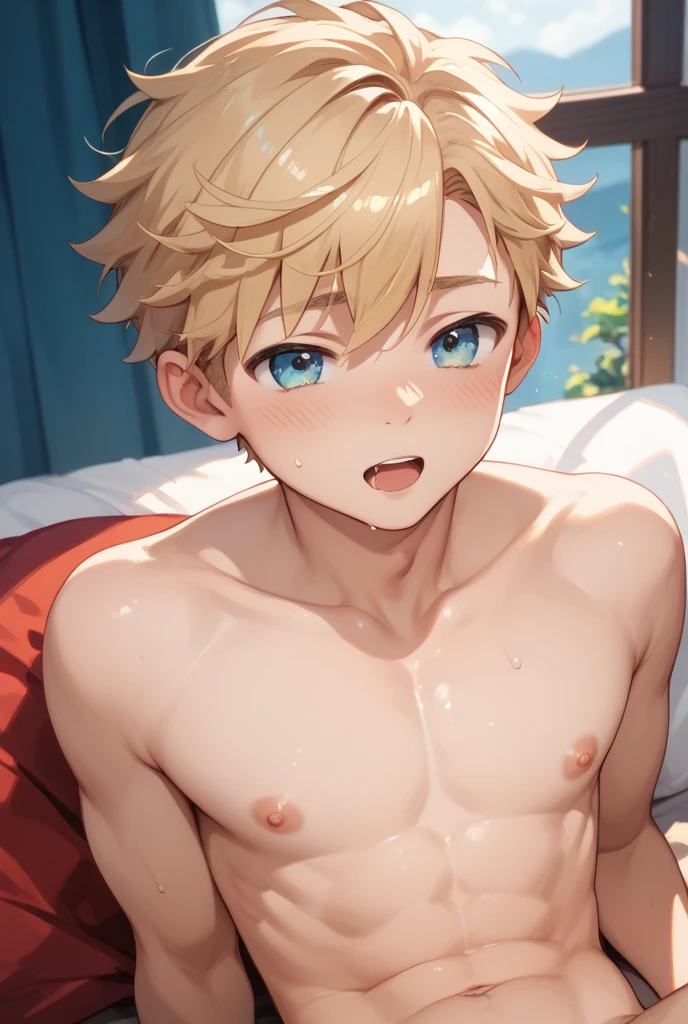 superfine illustration,Animated,1boy,man,Man's,lewd expression,Sexy,(gay:1.5),sexual ,pleasant sensation,intensely,all-fours,confinement,Yaoi,bed,perspiring,barechested,heart on eyes,man,Man's,Short hair,Curly hair,Parted bangs,Blonde hair,Blue eyes,White skin,