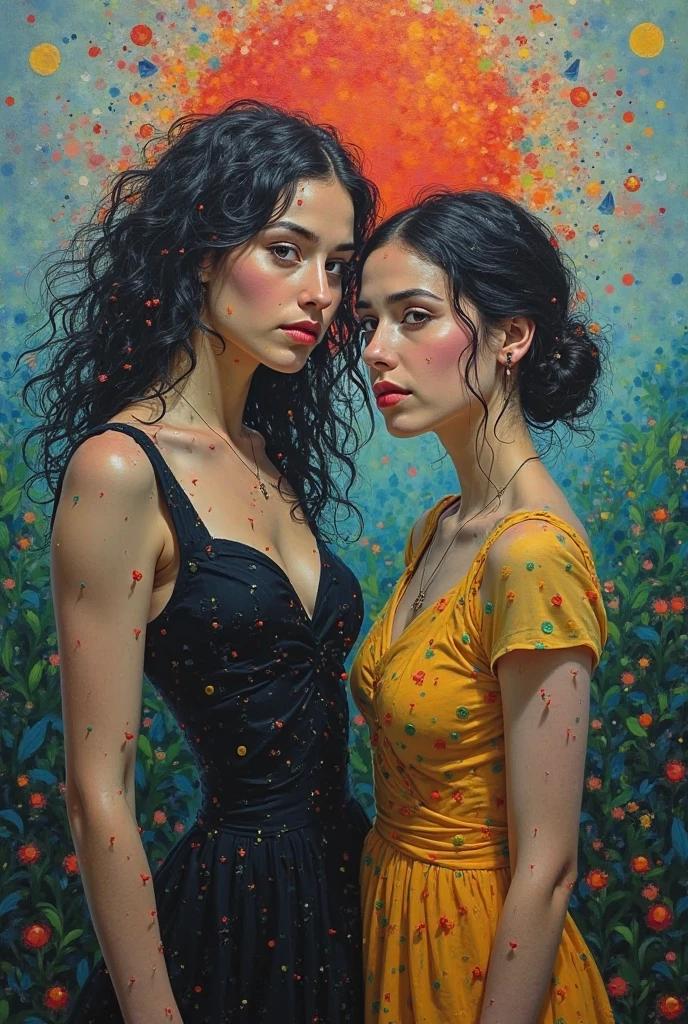 2heads, two women dancing, one Dominican, one Mexican,   having fun, realistic, colorful, lively plaza background, delicate realistic skin, 8K