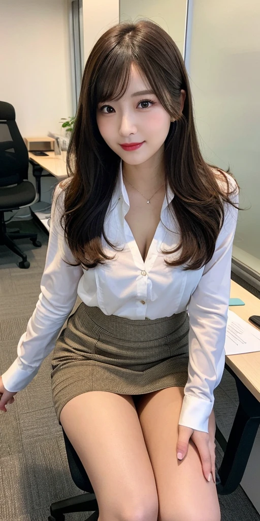 An elegant, upper-class, elite secretary in a business shirt, Working in the office、厳格なbusiness suitを着用する, Wearing pantyhose、Wear high-quality high heels、 Girl in a shirt, business suitを着ている, business suitを着ている, business suitを着て, Businesswoman, Business attire, 黒のbusiness suitを着ている, Wear a shirt and skirt, business suitを着た女性, business suit, business attire, RAW Photos, (8k、highest quality、masterpiece:1.2)、(Intricate details:1.4)、(Photorealistic:1.4)、Octane Rendering、Complex 3D rendering with ultra-detail, Studio Soft Light, Rim Light, Vivid details, Super Detail, Realistic skin texture, Detailed aspect, Beautiful details in the eyes, Highly detailed CG Unity 16k wallpaper, compensate, (Detailed Background:1.2), Exposed thighs!!!,