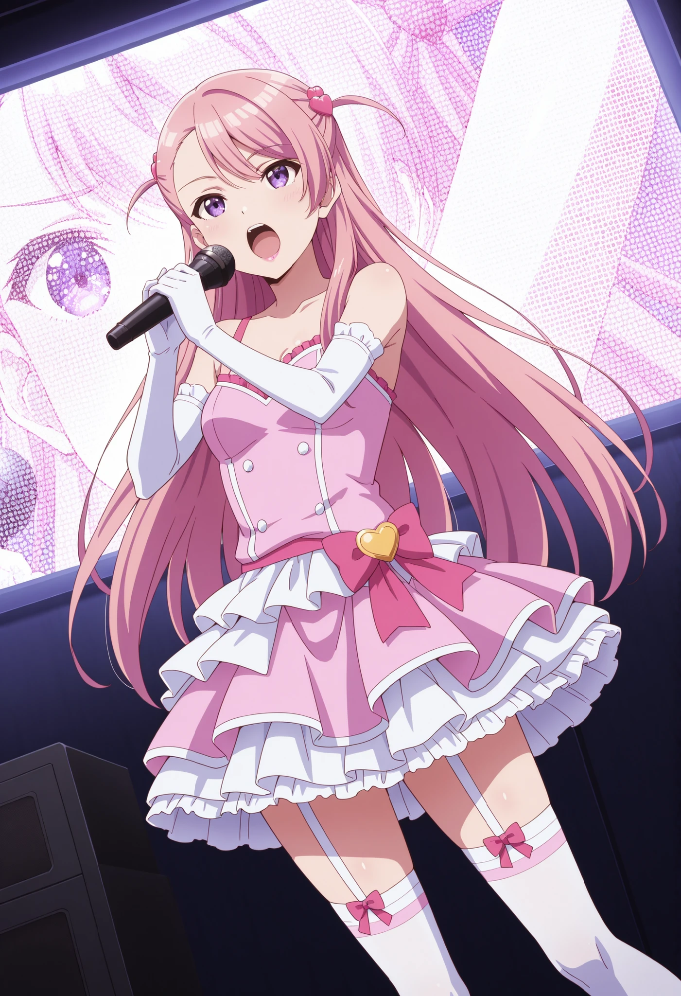 Score_9, score_8_up, score_7_up, source_anime, maho sakuramori (kurakon), solo, long hair, pink hair, hair ornament, asymmetrical bangs, purple eyes, small breasts, (best quality), (high quality), {masterpiece}, extremely delicate and beautiful, ultra-detailed, beautiful detailed eyes, idol, idol costume, pink dress, white elbow gloves, white thighhighs, holding microphone, on stage, screen, multi colored light, dynamic pose, singing, pink lips, open mouth