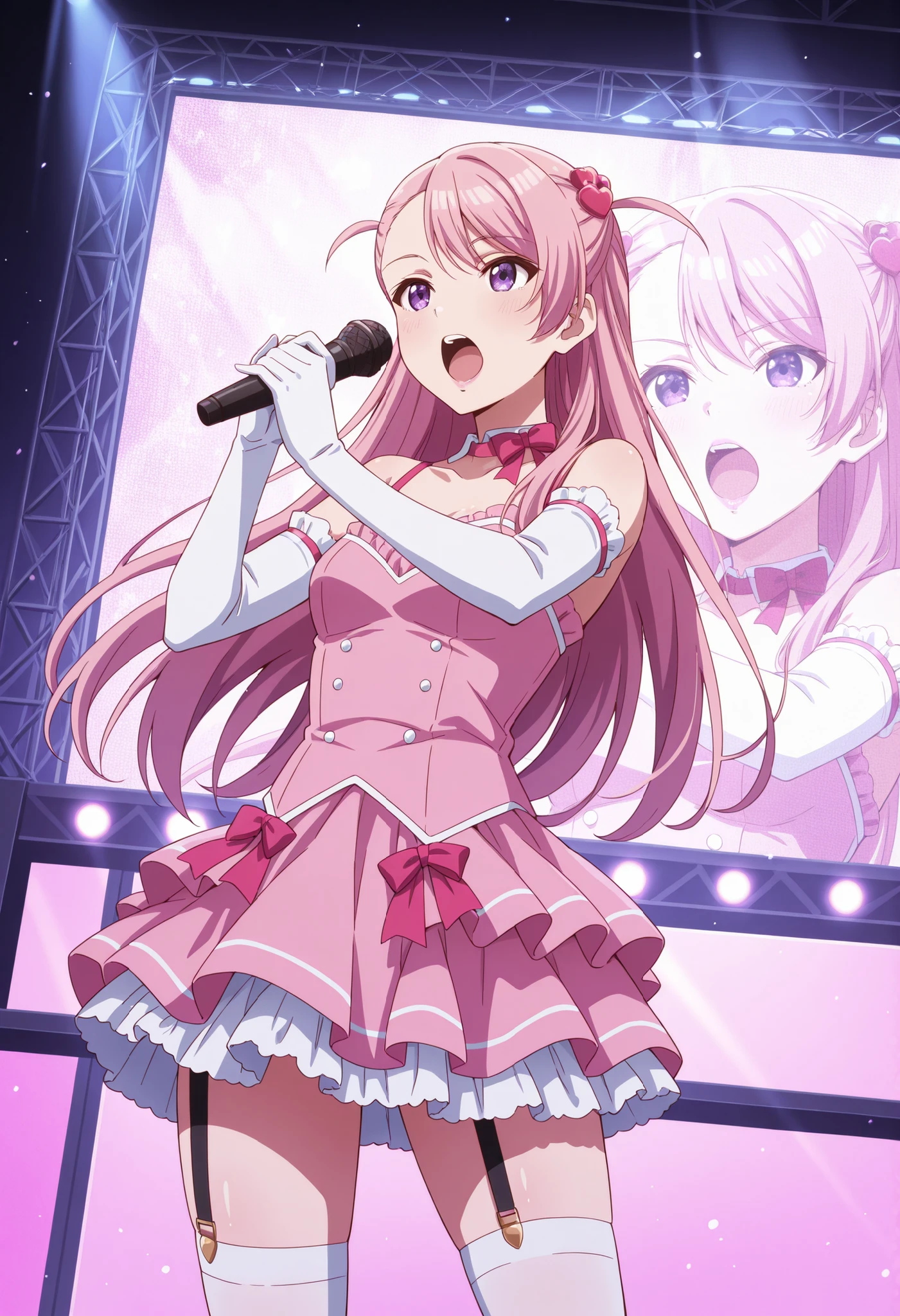 Score_9, score_8_up, score_7_up, source_anime, maho sakuramori (kurakon), solo, long hair, pink hair, hair ornament, asymmetrical bangs, purple eyes, small breasts, (best quality), (high quality), {masterpiece}, extremely delicate and beautiful, ultra-detailed, beautiful detailed eyes, idol, idol costume, pink dress, white elbow gloves, white thighhighs, holding microphone, on stage, screen, multi colored light, dynamic pose, singing, pink lips, open mouth