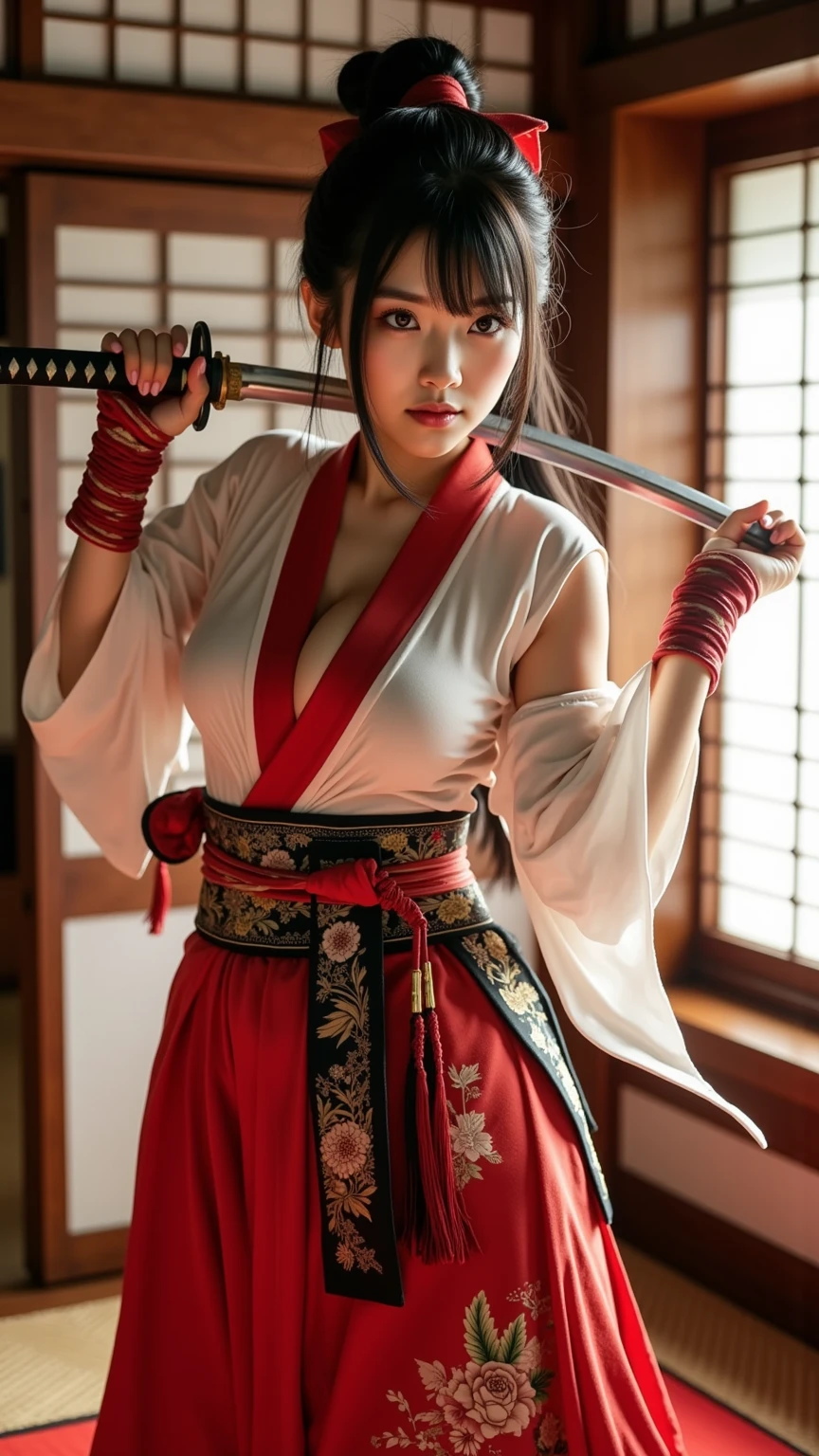１Male Female Samurai((top-quality、8K、​masterpiece:1.3))、full body Esbian、focus clear:1.2、Excellent style:1.4、masuter piece、(Realisticity: 1.2)、(Photorealsitic:1.3)、
realisitic、realisticlying、Raw foto、hyperdetailed face（Long ponytail）、hyper detailed background（loimu）、Ultra-detailed costumes（a miniskirt、Samurai-style clothing）、hyperdetailed body、super-detaild skin　、Knives 、Valley 、breastsout 、Transparent