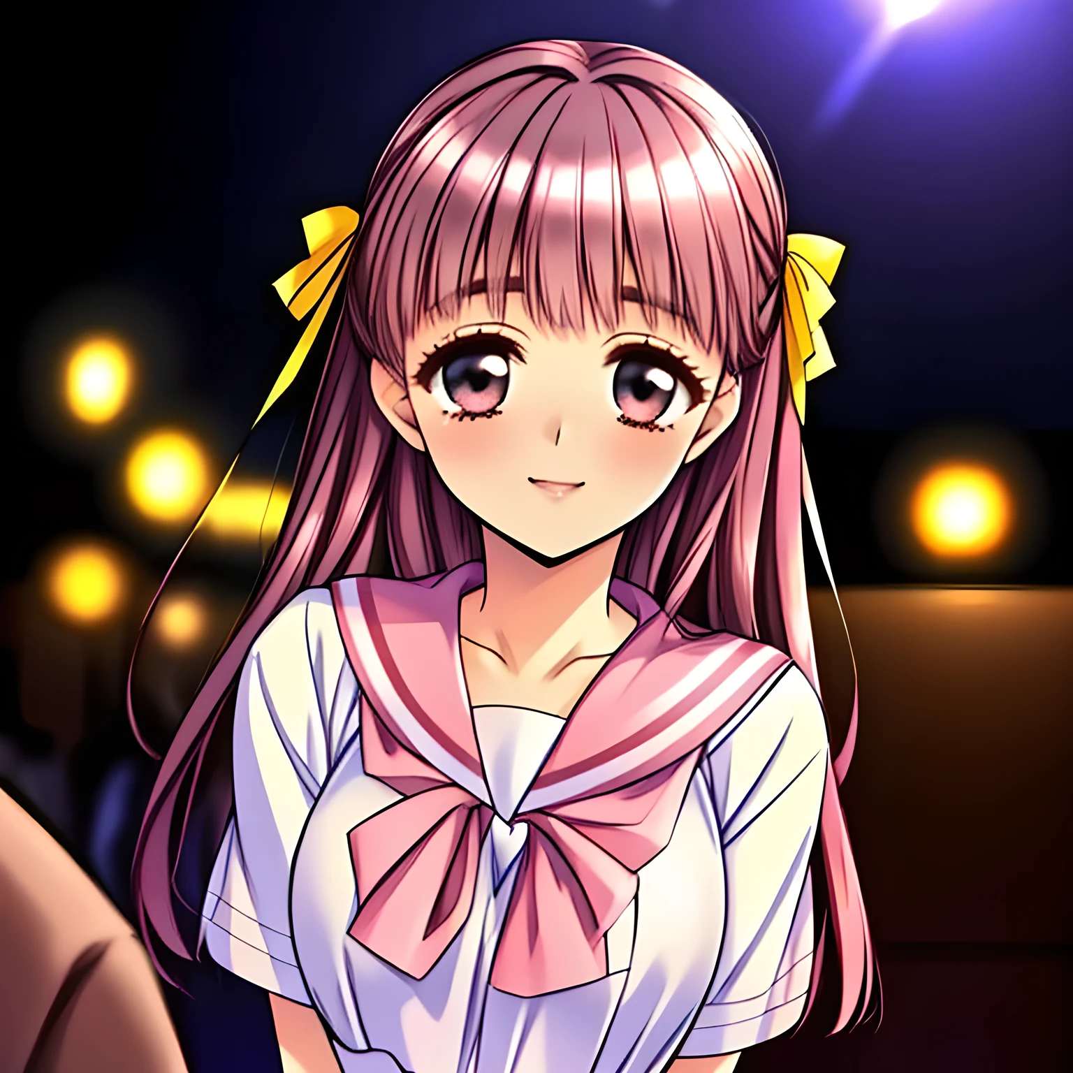 (highest quality, masterpiece:1.5), highest quality, High resolution, 1080p, 8K, (Too beautiful, purest neatest Sakuragi mai, Girl's love-story comic heroine, ((Too much beloved)) noble grown beautiful beautiful lady with detailed is in a darkness, controlling my mind and heart by her charm, telling me sweetest hypnotizing words: 1.4), (Happy white face with unreal beauty: 1.0), ((Neatest (Sakuragi Mai)'s light-pink sailor-style school uniform and skirt: 1.6)), (Too beautiful dreamy eyes charm me), (Nothing background except darkness, shiny foreground: 1.8), ((purity and neatness is very impressing): 1.8), (Half body shot: 1.0), (Beautiful blue eyes), (shiny pink super-long wavy hair, braids-half-up), (golden ear accessories and pendant), (Diamond rings)