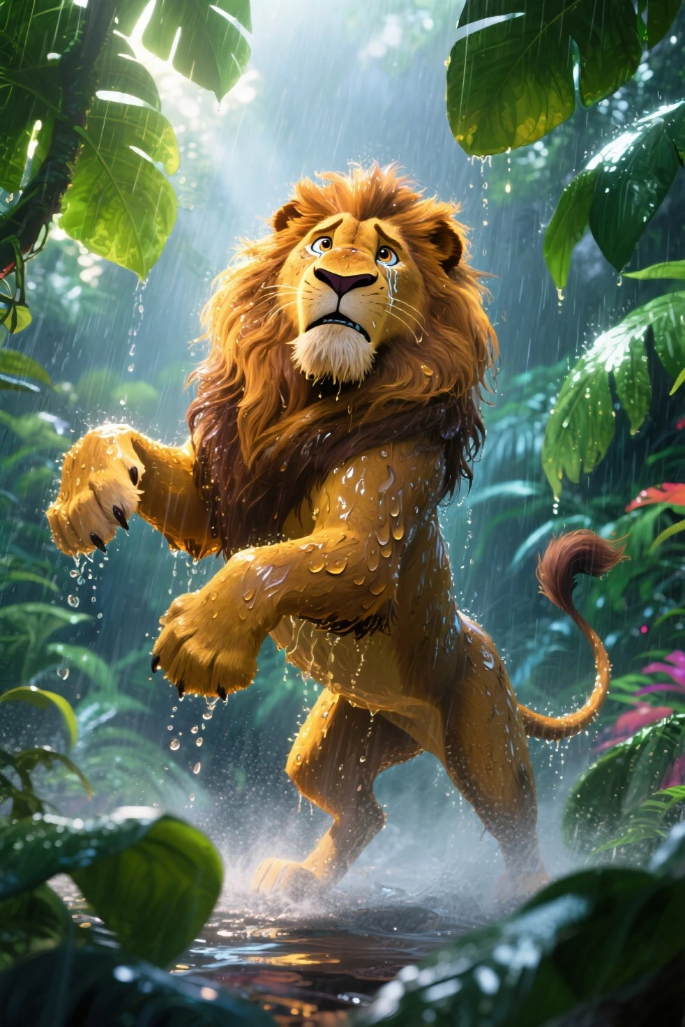 masterpiece, hyper-realistic, high detail, best image, A majestic golden lion with wet, flowing mane and wide, teary eyes filled with dramatic longing, rearing up powerfully under oversized lush green jungle leaves as rain pours fiercely, sunlight breaking through the canopy to create glowing reflections on its soaked fur and cascading droplets. The environment is vibrant, mystical, and stormy—detailed textures of wet foliage and swirling mist, colorful lighting with bold contrasts. Blend of cartoon and realism style, masterpiece illustration, cinematic perspective, in a dramatic and dynamic Disney animation meets photorealistic painting, intense emotional expression, dynamic rearing pose, 8k resolution.