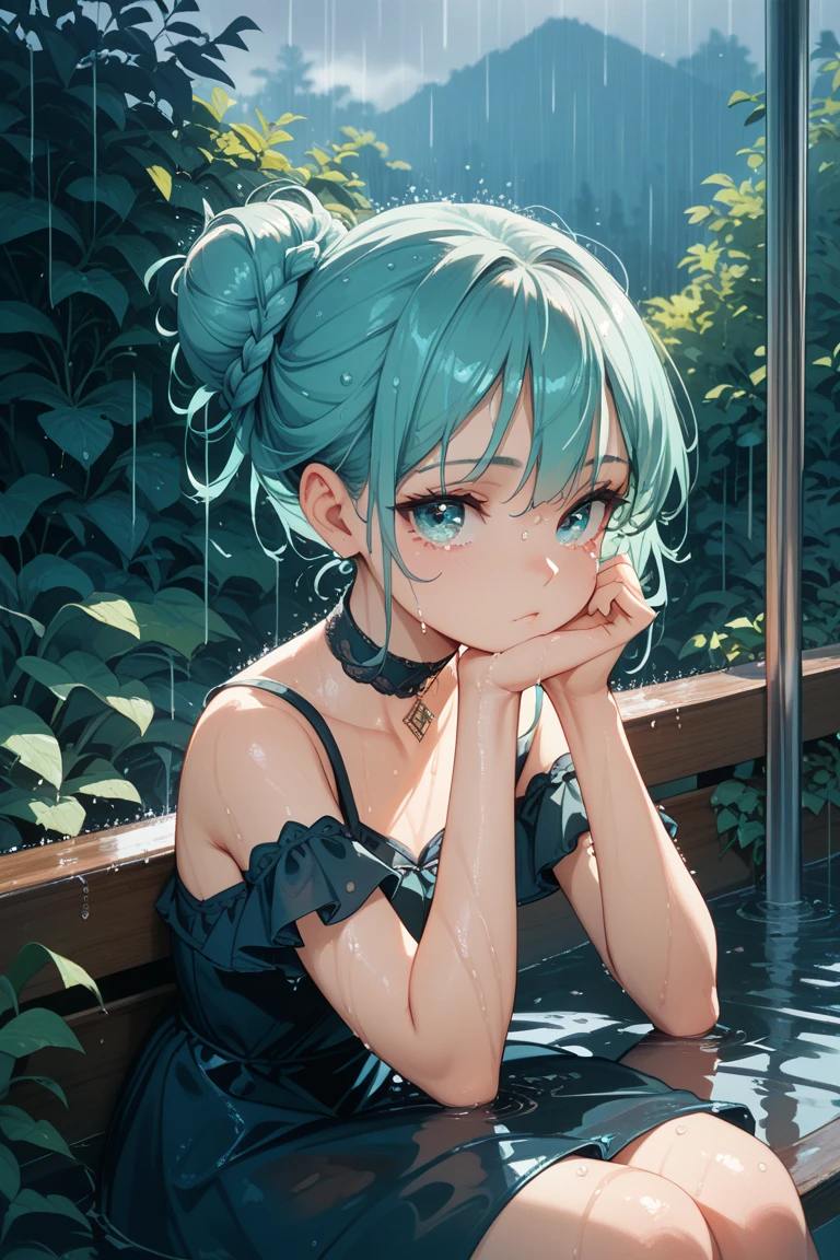 (masterpiece), (best quality), extremely delicate and beautiful, illustration, intricate details, chromatic aberration 1girl, red highlights, messy hair, (slime girl: 1.3), slime \(substance\), black skin, (Blue hair: 1.2), in a forest, lying down, smiling, flat chest, flat chested, anime style, anime drawing style, cyan hair, black clothing, full clothing