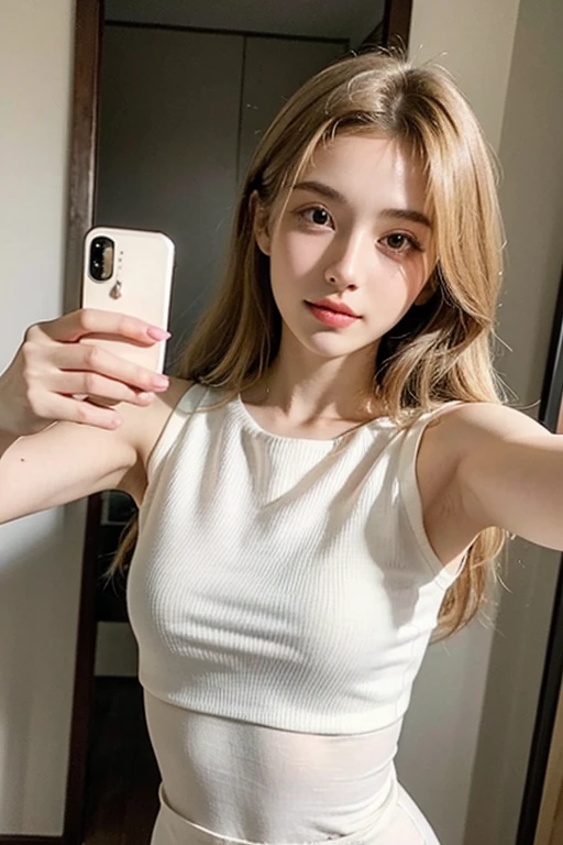 pieces fly、masterpiece、highest quality、Super detailed、High resolution、High resolution、8K portrait、Unity 8k壁紙のHigh resolutionCG、unity 8k wallpaper、cute:1.5、:1.5、Highly detailed CG unity 8k wallpaper、realistic、real person、cute、 portrait photography、shiny skin、High resolution、(16 years old:1.2)、(cute:1.2)、(1 girl)、beautiful clear eyes、very detailed explanation、delicate face、nice lips、slender body、thin waist、thin legs、(urban area:1.4)、((flat chest:1.6))、(Fitted Tank Top:1.5)、(shorts:1.5)、((big nipples:1.3))、((Self snap:1.5))、(smile:1.3)、(No bra:1.4)