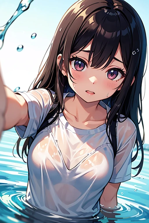 detail, <lora:wet_white_shirt.v1.0:1>,wet white shirt, wet shirt, see-through shirt, 2girls,dotted with, breast, hair, wet blue shirt, wet skin, wet hair, pool, close-up, sunlight, shy expression, blush