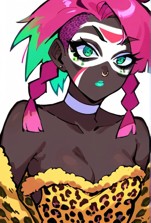 Score_9, score_8_up, score_7_up, score_6_up, yamanba, source_anime, 1girl, solo, white background, abstract rectangular background, upper body, looking at viewer, BREAK, pink hair, cyan hair, (two-tone hair), nose ring, hoop earrings, BREAK, cyan lips, very dark skin, dark-skinned female. (yamanba, white facepaint makeup:1.3), eyeshadow, (leopard print microdress:1.3), fur trim, bare shoulders, off shoulder, white choker, hair ornament, (cleavage, topless, areola slip, tattoos, piercings), (white areolae,undercut:1.3), tanya,TanyavonDegurechaff,ahoge,(military hat),(ponytail),red pendant,military uniform, belt,pants, boots,
