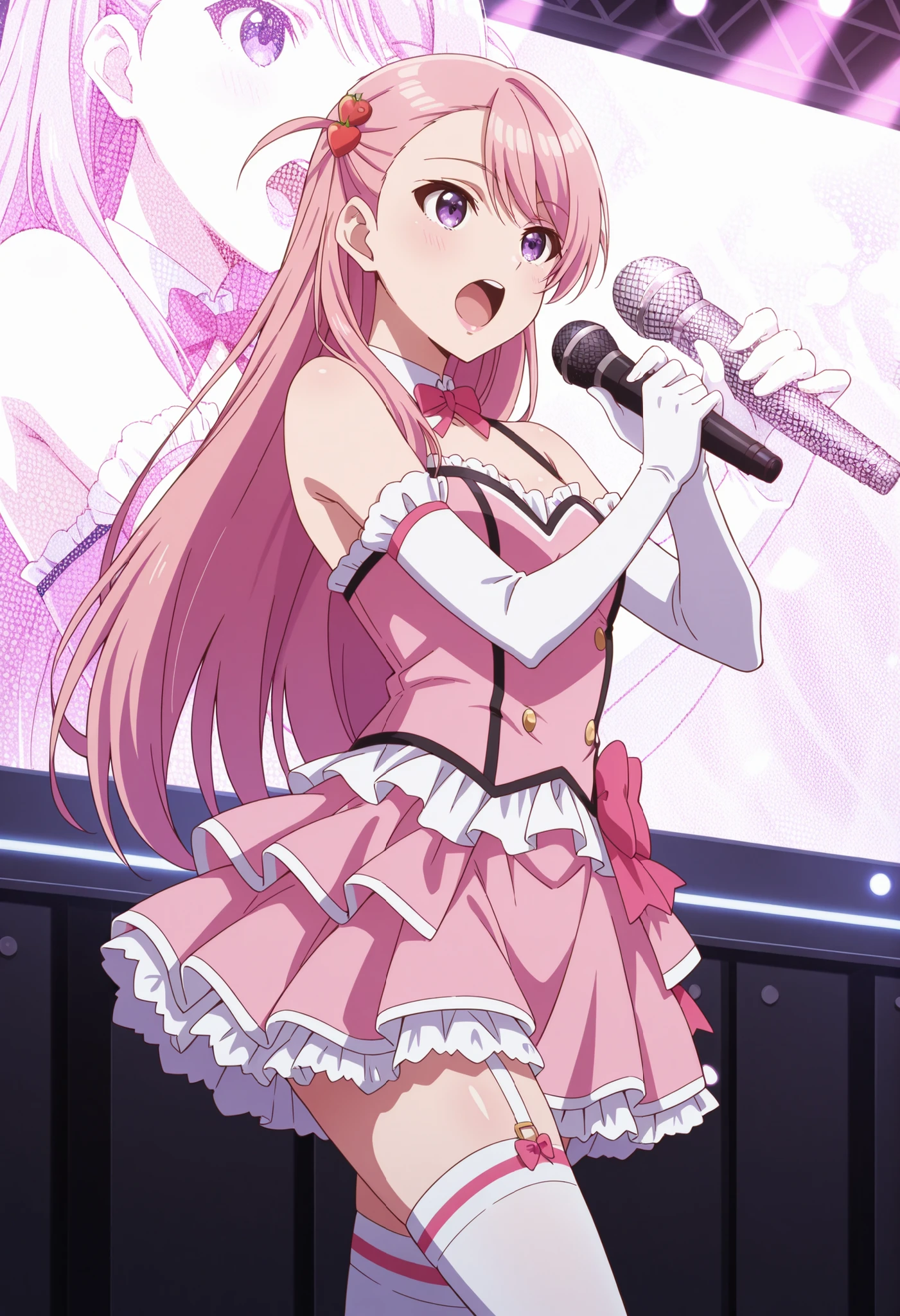 Score_9, score_8_up, score_7_up, source_anime, maho sakuramori (kurakon), solo, long hair, pink hair, hair ornament, asymmetrical bangs, purple eyes, small breasts, (best quality), (high quality), {masterpiece}, extremely delicate and beautiful, ultra-detailed, beautiful detailed eyes, idol, idol costume, pink dress, white elbow gloves, white thighhighs, holding microphone, on stage, screen, multi colored light, dynamic pose, singing, pink lips, open mouth