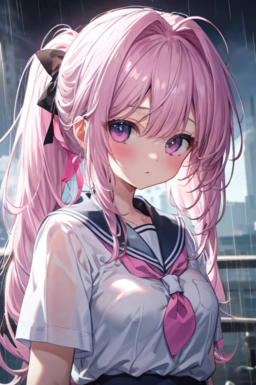 (masutepiece, Best Quality, Ultra High Resolution),1girl in, beautiful and detailed face, Detailed eyes,Pink school uniform,dog ears,Pink hair,((Gray and Blue theme)),Night,((I can see panties))