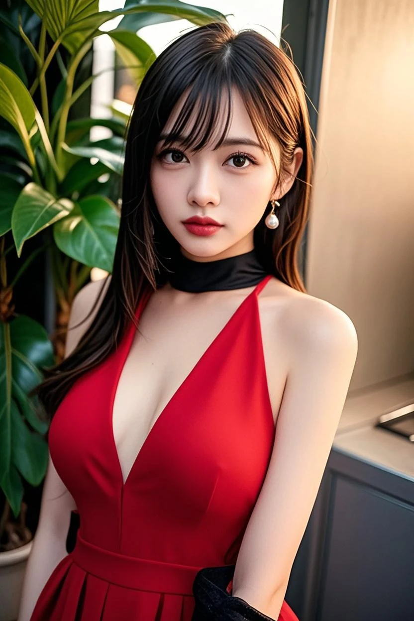 Close-up of a woman in a red blouse and black dress, 穿着red vest, Red bra, halter top, Wearing a sexy crop top, Wearing a two-piece swimsuit, halter neck, hot，sunny, crop top, 24 year old female model, Photo of slim girl model, crop top, Suspenders, red vest, bright red
