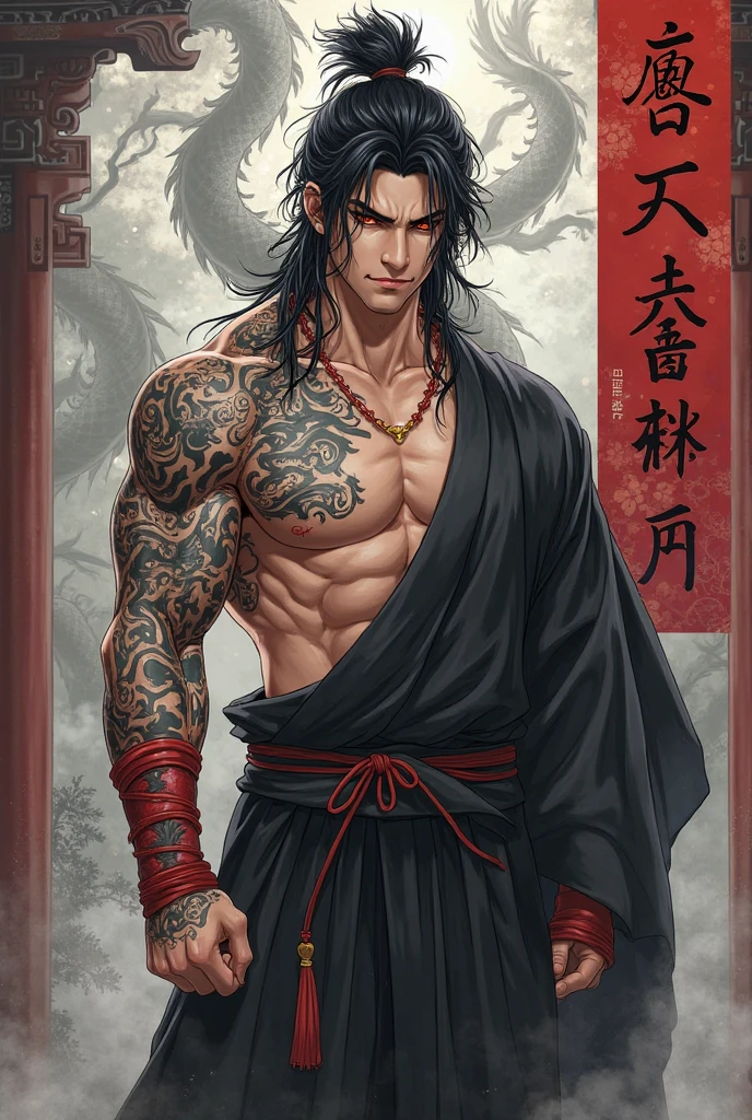 Japanese male demon, muscular, sexy, red skin, handsome, pierced ears, white loincloth, chain, rosary necklace, late at night, ancient Japanese temple
