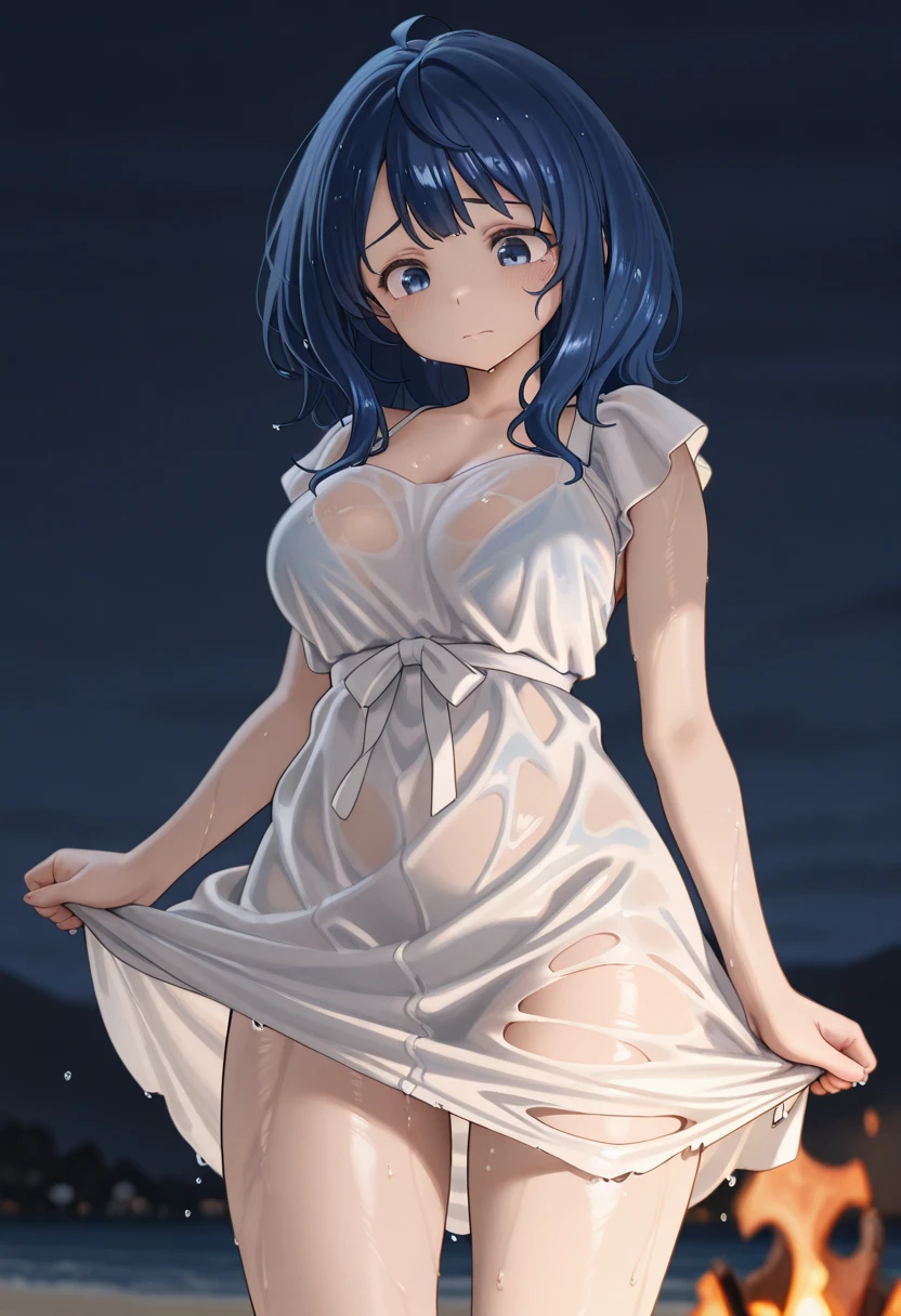 (muste piece), (best quality), (score_9, score_8_up, score_7_up), very detailed eyes, expressive eyes, perfect face, very detailed face, highly detailed face, beautiful girl, 8K, beautiful girl, white background, delicate and beautiful face and eyes, dark intense shadow,
1 girl, vtuber style, cool girl, hololive, Hoshimachi Suisei, blue hair, see-through:white sundress, sleeveless dress, suspender dress, dress bow, bent over, armpit, one hand on head, small chest, Cleavage, cropped shoulders, clavicle, charm smile, blush, (full body), straw hat, naked thighs, sandals, standing,
