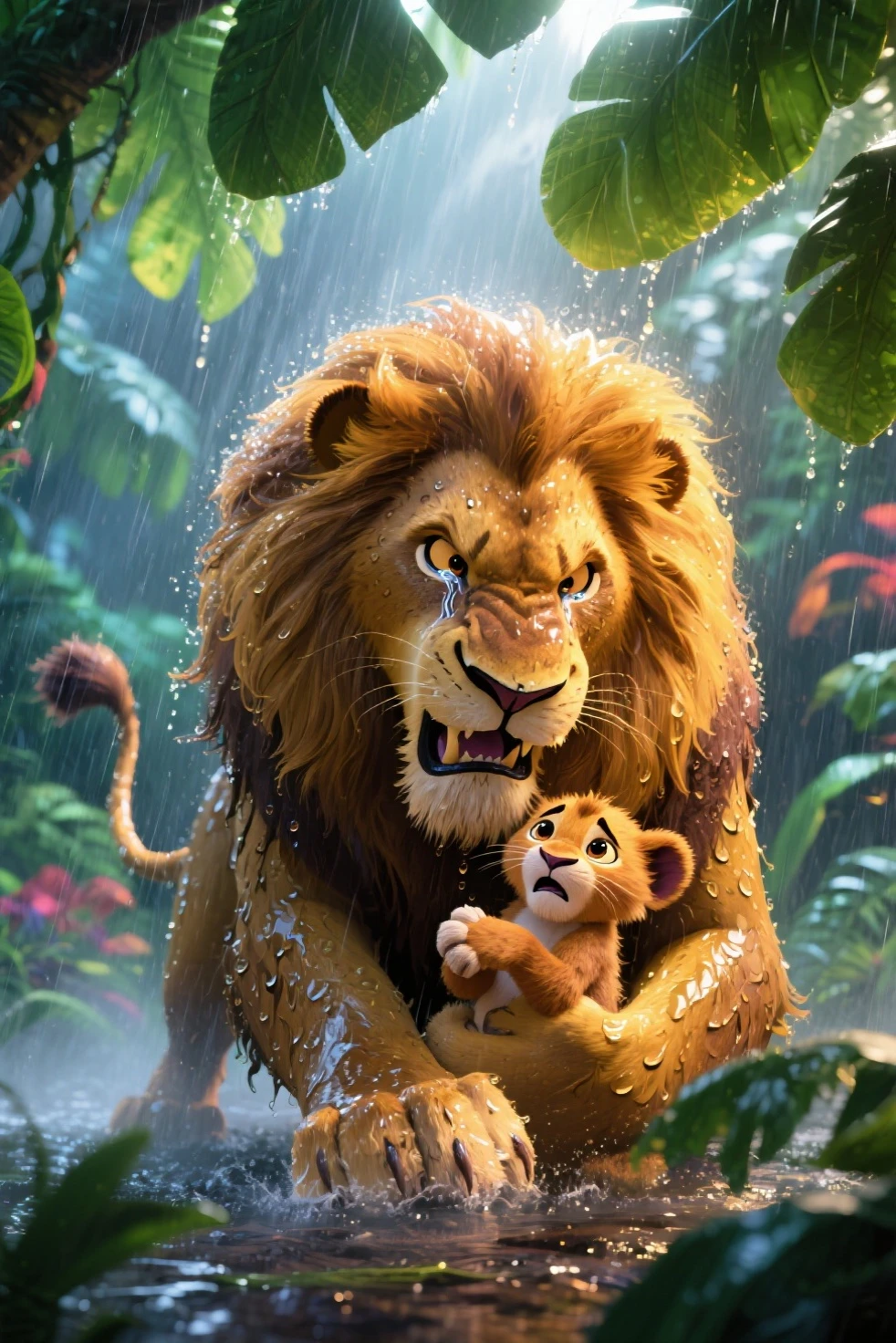 masterpiece, hyper-realistic, high detail, best image, A majestic golden lion with wet, flowing mane and wide, teary eyes filled with fierce protectiveness, embracing a tiny cub with trembling paws, shielding it from a torrential rainstorm under oversized lush green jungle leaves, sunlight breaking through the canopy to create dramatic reflections on their soaked fur and cascading droplets. The environment is vibrant, mystical, and stormy—detailed textures of wet foliage and swirling mist, colorful lighting with bold contrasts. Blend of Pixar animation and realism style, masterpiece illustration, cinematic perspective, in a dramatic and dynamic Disney Pixar animation meets photorealistic painting, intense emotional expression with a roaring stance, dynamic protective pose, 8k resolution.
