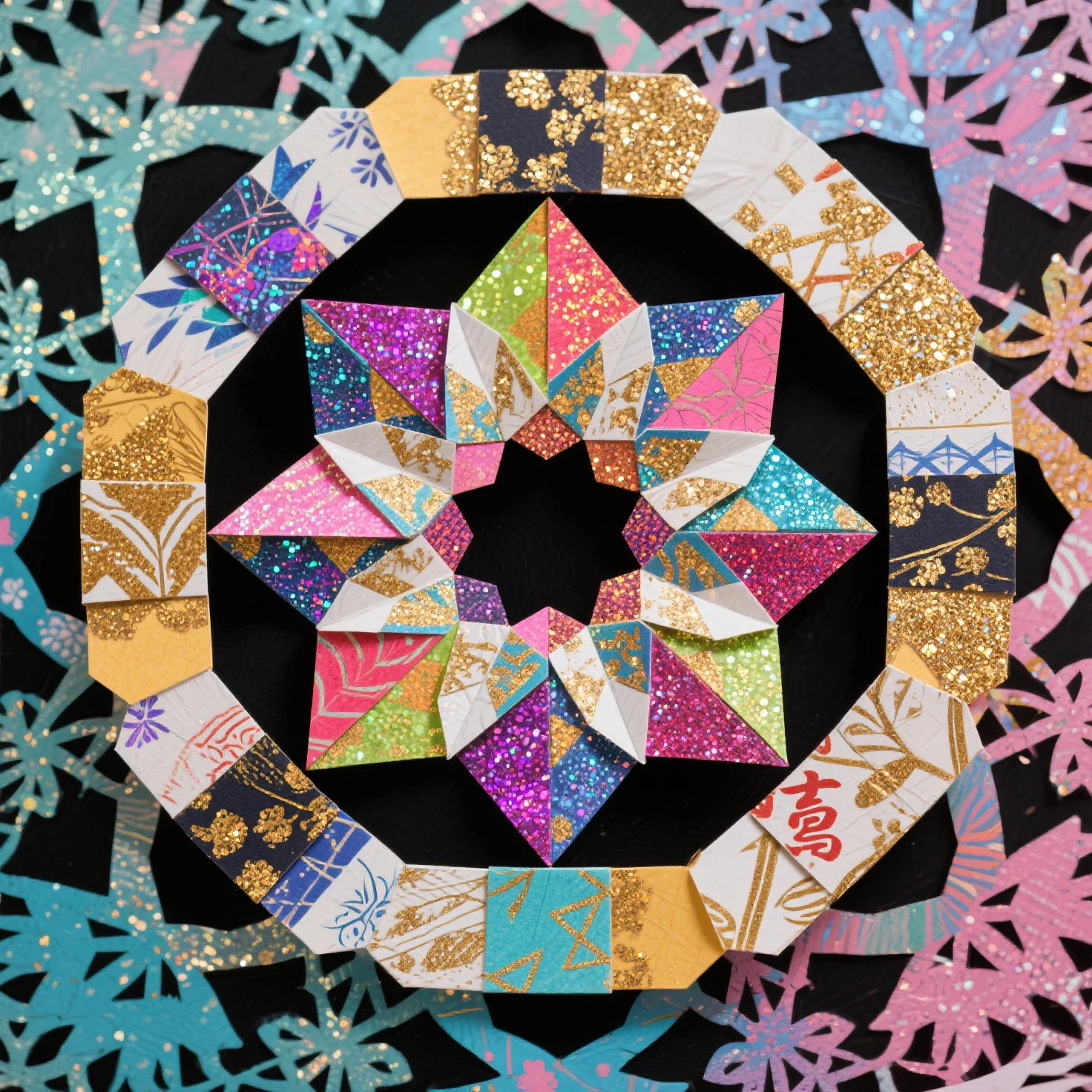 Ring shaped frames (The center is a black cavity.), collage art, patchwork art, A beautiful Shikigami made from Japanese paper, a kaleidoscope made from glittering, colorful fluorescent paint and gold dust, background fusion of paper cutting and printmaking