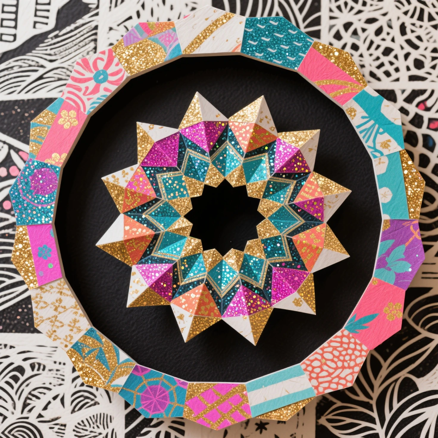 Ring shaped frames (The center is a black cavity.), collage art, patchwork art, A beautiful Shikigami made from Japanese paper, a kaleidoscope made from glittering, colorful fluorescent paint and gold dust, background fusion of paper cutting and printmaking
