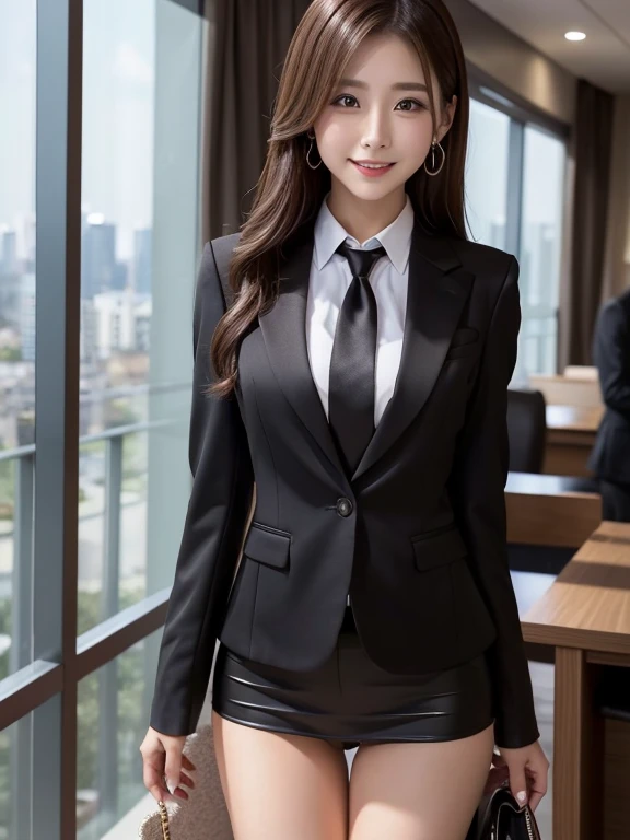 最high quality, masterpiece, One girl, Beautiful Face, (photo Realistic:1.3), Rim Light, (Skin with attention to detail:1.2), 8K Ultra HD, Digital SLR, high quality, High resolution, 4K, 8K, Bokeh, Absurd, The optimal ratio is four fingers to one thumb, (Realistic:1.3), cute One girl, wearing black formal blazer, Medium chest, Short skirt,