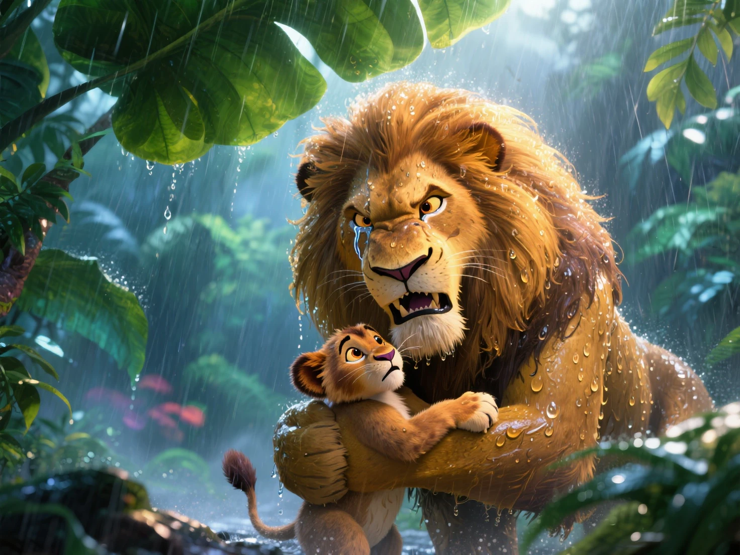 masterpiece, hyper-realistic, high detail, best image, A majestic golden lion with wet, flowing mane and wide, teary eyes filled with fierce protectiveness, embracing a tiny cub with trembling paws, shielding it from a torrential rainstorm under oversized lush green jungle leaves, sunlight breaking through the canopy to create dramatic reflections on their soaked fur and cascading droplets. The environment is vibrant, mystical, and stormy—detailed textures of wet foliage and swirling mist, colorful lighting with bold contrasts. Blend of Pixar animation and realism style, masterpiece illustration, cinematic perspective, in a dramatic and dynamic Disney Pixar animation meets photorealistic painting, intense emotional expression with a roaring stance, dynamic protective pose, 8k resolution.