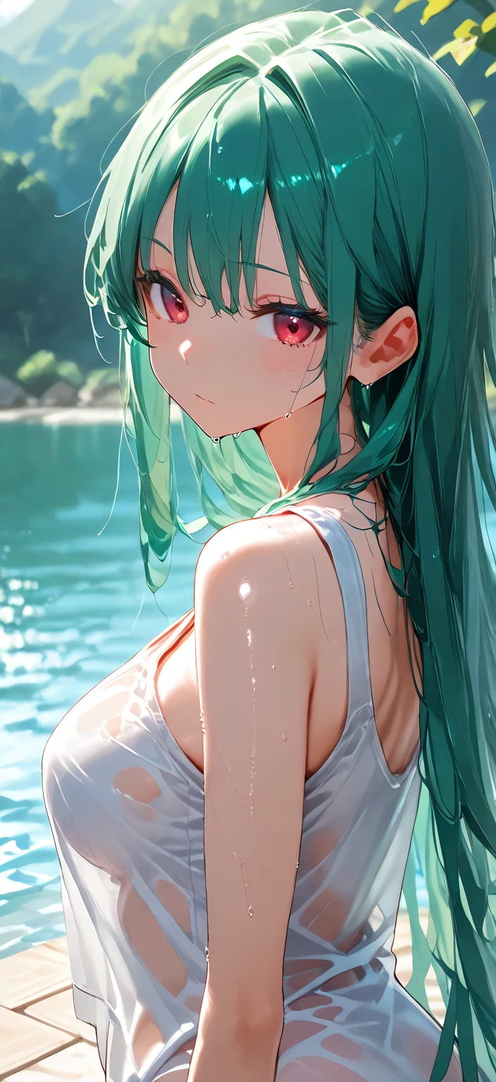 ((Top Quality)), ((Excellent)), (Situational), Anime Style, Game: Liza Workshop, Lizalynn Stout character, 1girl Top Quality, Portrait, Super detailed, Pretty face, Perfect anatomy, Alone, Pale skin, Huge pink and green hair, Perfect hair, Bangs, ((Closed eyes)), Tongue out, Tongue out, (😝), Sexy bikini, Thong, Weapon, Practice, Thick legs, Big thighs, Own, Background scenery, Riverside, Daytime, Sunlight, Sun, Clouds, Water bottom, Super detailed water, Environmental details, Side plants, Background waterfall, Information