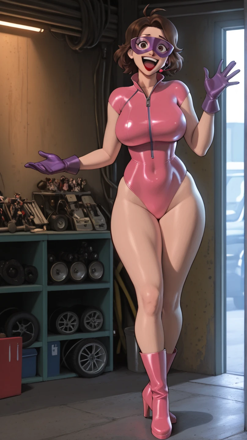 (Highres) (Detailed illustration) Ultra-detailed, light blue eye color, detailed face, Asuka Koukawa, hime hair, pointed bangs, auburn hair, straight bangs, toned abdomen, hime haircut, teen, visible muscles, athletic body, muscular arms, mechanical limbs, oppai, detailed glassy eyes, ultra-detailed face, huge breasts, hair bun, glassy detailed eyes, pink opaque bodysuit, detailed latex bodysuit, shiny latex bodysuit, standing in doorway, bedroom, full body, smug expression, smug, masterpiece, mischievous smile,