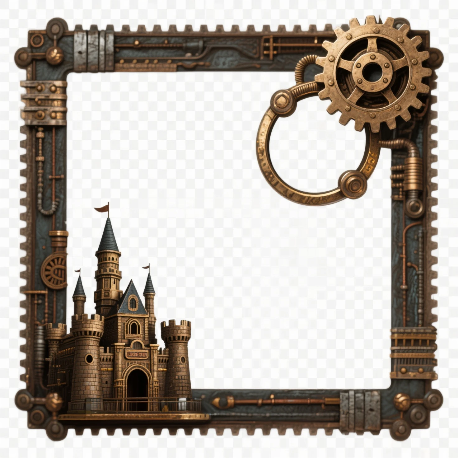 ring icon frame design on top right、steampunk-inspired cogwheel、Steampunk style castle、Transparent background