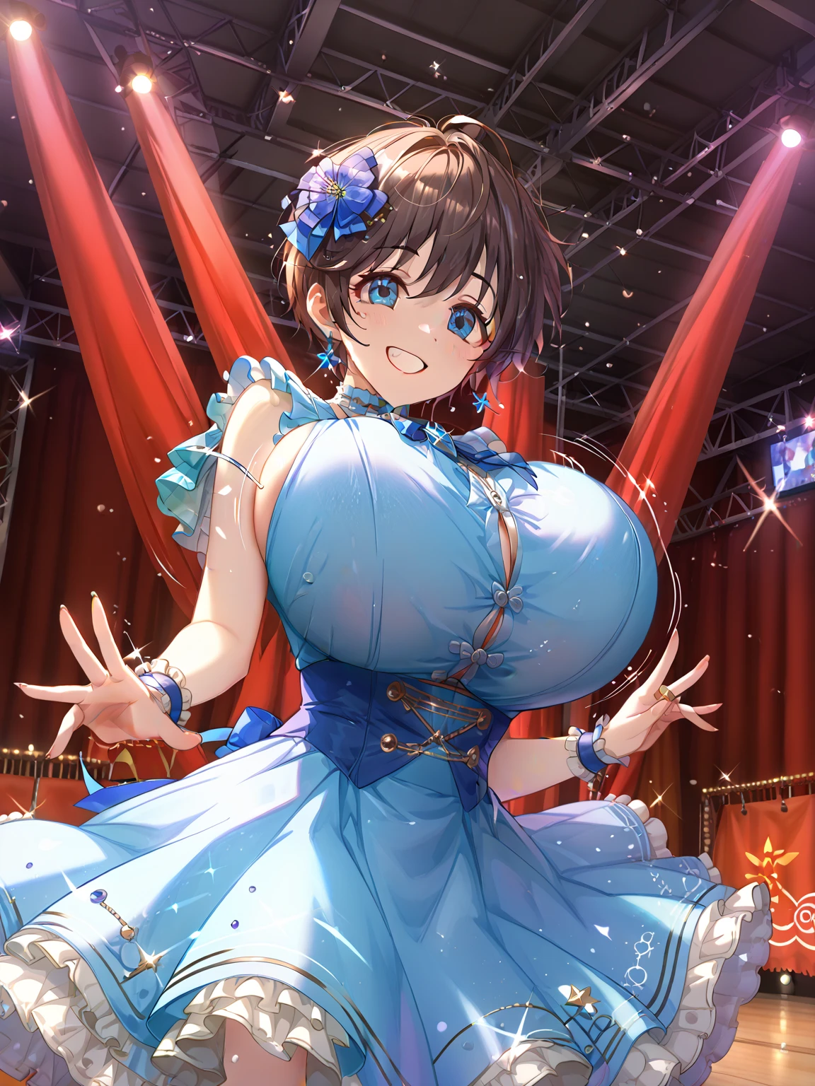 score_9, score_8_up, score_7_up, source_anime,rating_questionable, 1girl, cute female, solo, idol concert,upper body, kneeling,,Imitation of Titjob,(arms on the chest:1.2),breast press,pinch a breast between both elbows, stage, colorful, sgswfmk, long hair, brown hair, black hair, bangs, hair between eyes, blue eyes,highly detailed face, (gigantic breasts:1.3), white hairband, hair ornament, dress,(cleavage:1.2), microphone between cleavage,corset, bubble skirt, thighhighs, boots, smile,sweatdrop,lipstick, highly detailed eyes, eyelashes, eyeliner, jewelry, necklace, bracelet, earrings,