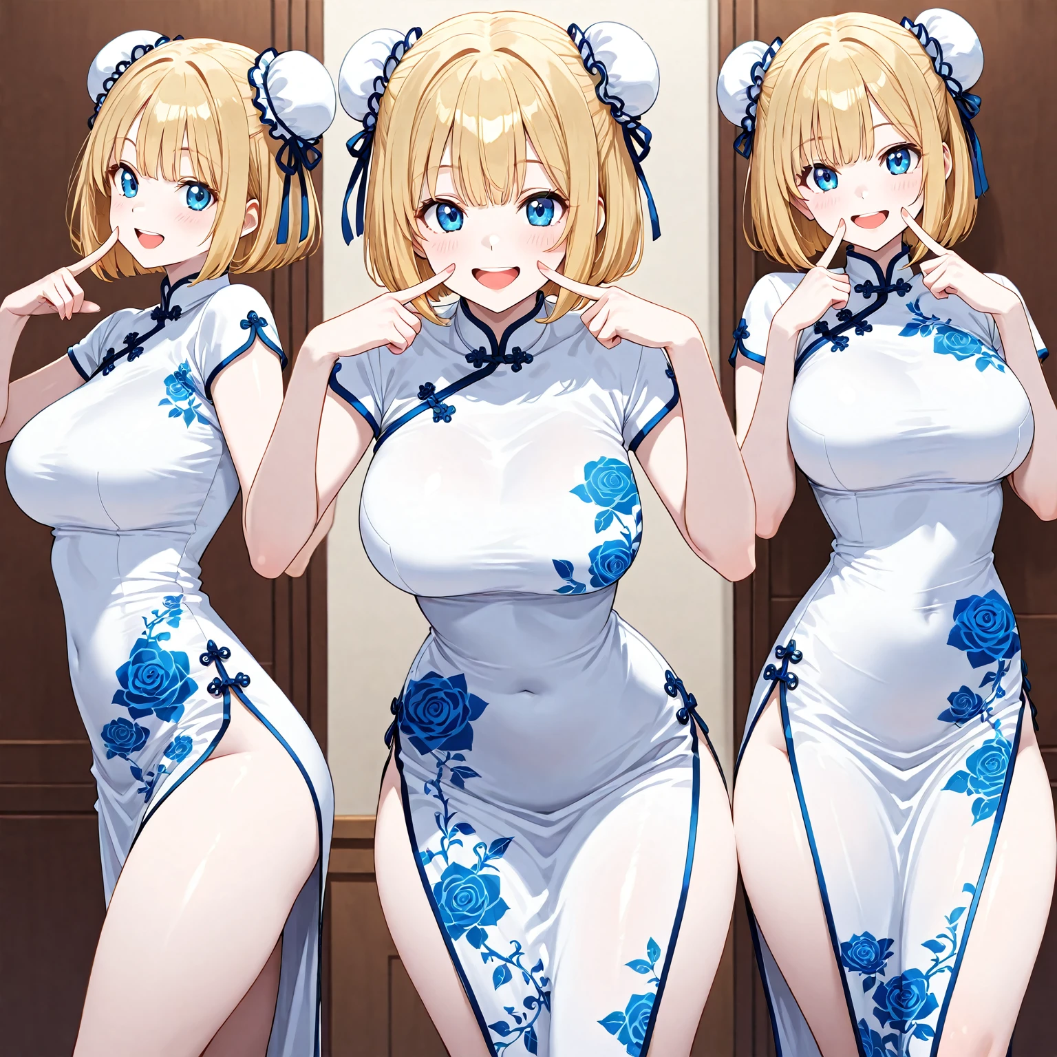 masterpiece, Highest quality, In detail, High resolution, Very delicate and beautiful, Volumetric lighting, Best Shadow, Shallow depth of field, One girl, blonde, (Huge breasts), Double Hair Bun, (China dress), (Cleavage), Pelvic Curtain, (Wide Hips)