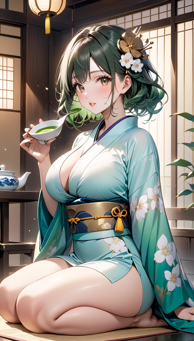 Beautiful mature Japanese woman aged 55, Married women, Long eyelashes, Low Ponytail, ((Red lipstick)), Pink Cheeks, ((Pearl Necklace)), Earrings, Dark eyeshadow, smile, Green bra, Green panties, Green stockings, Green silk gloves, Japanese-style room, pussy, nsfw