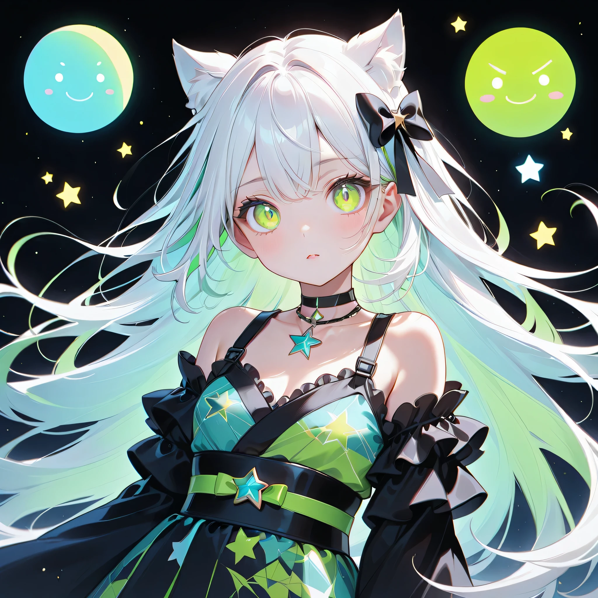 best details、top quality、highest masterpiece、Character Design Sheet、front、Diamonds、Please wear a cute young, (big eyes), best details, cute face, playful expression, Beautiful appearance,through bangs, ((Shiny milky white to light blue gradient hair)) ,Attention to Beautiful Details,((Light blue and lime green color palette)), ((オレンジneonカラー)), (( Star Choker )), ((襟に frills)),(((UNIQUE AND CUTE LONG HAIR、))) ((colorful and cute gothic kimono costume with thin shoulders)), ((Protruding shoulders, long wide cuffs)), ((Fashion pattern that feels like space)), (( Star Fairy)), ((wear a colorful and cute gothic kimono costume)), ((hands are not shown)),ribbon, frills, and small, The cutest in the world, star background, best details , 虹とribbonの髪飾り, Vtuber character design, neon, Shine, sparkle, Flower, Crescent 、wolf cut hairstyle、
