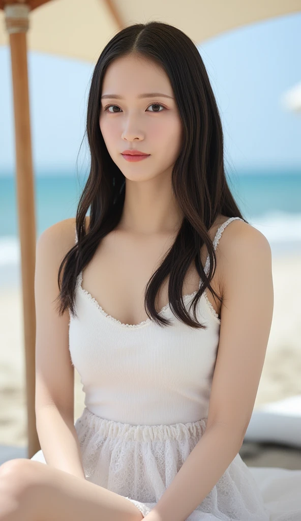 Masterpiece, highest image quality, crazy details, exquisite facial portrayal, short-sleeved white shirt, short jeans, 8K resolution, delicate face, cute peerless beauty, delicate and translucent eyes, beautiful and detailed silver long hair, seaside, upper body, (brilliant light and shadow), soft focus, real shadow, 8K HD, upper body close-up, depth of field, beautiful smooth collarbone, medium chest, ultra clear, FROM ABOVE, motion blur, intricate light