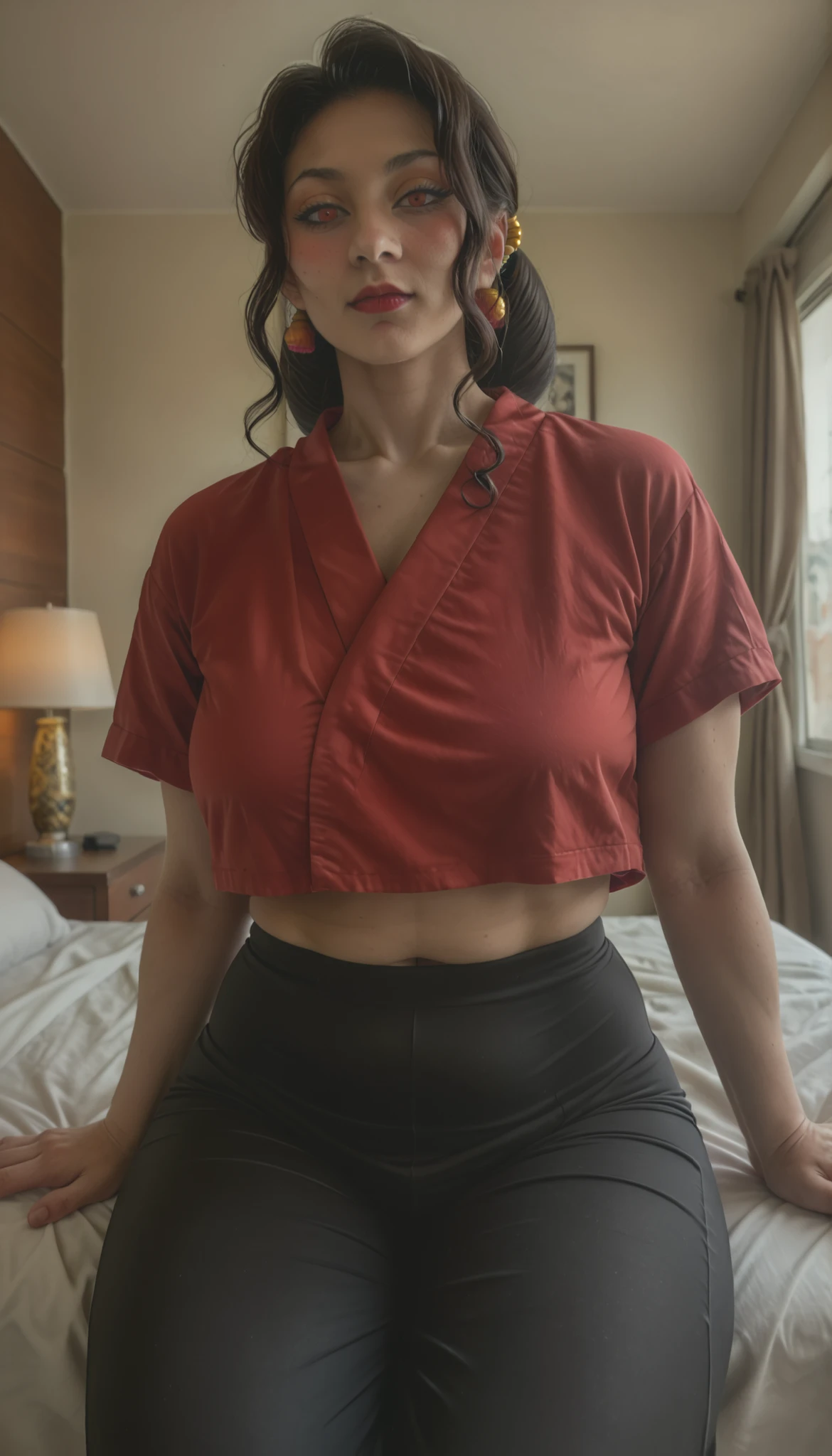 score_9, score_8_up, score_7_up, source_anime,
muzankibutsuji,
muzan kibutsuji, black hair, hair ornament, red eyes, red lips, red shirt, black tight pant, navel,
indoors, bed, bed room, on side, blush, drunk,
solo, dutch angle, looking at viewer, cowboy shot,, big breasts, thick muscular thighs, wide curvy hips, from below, dynamic angle, sitting on bed