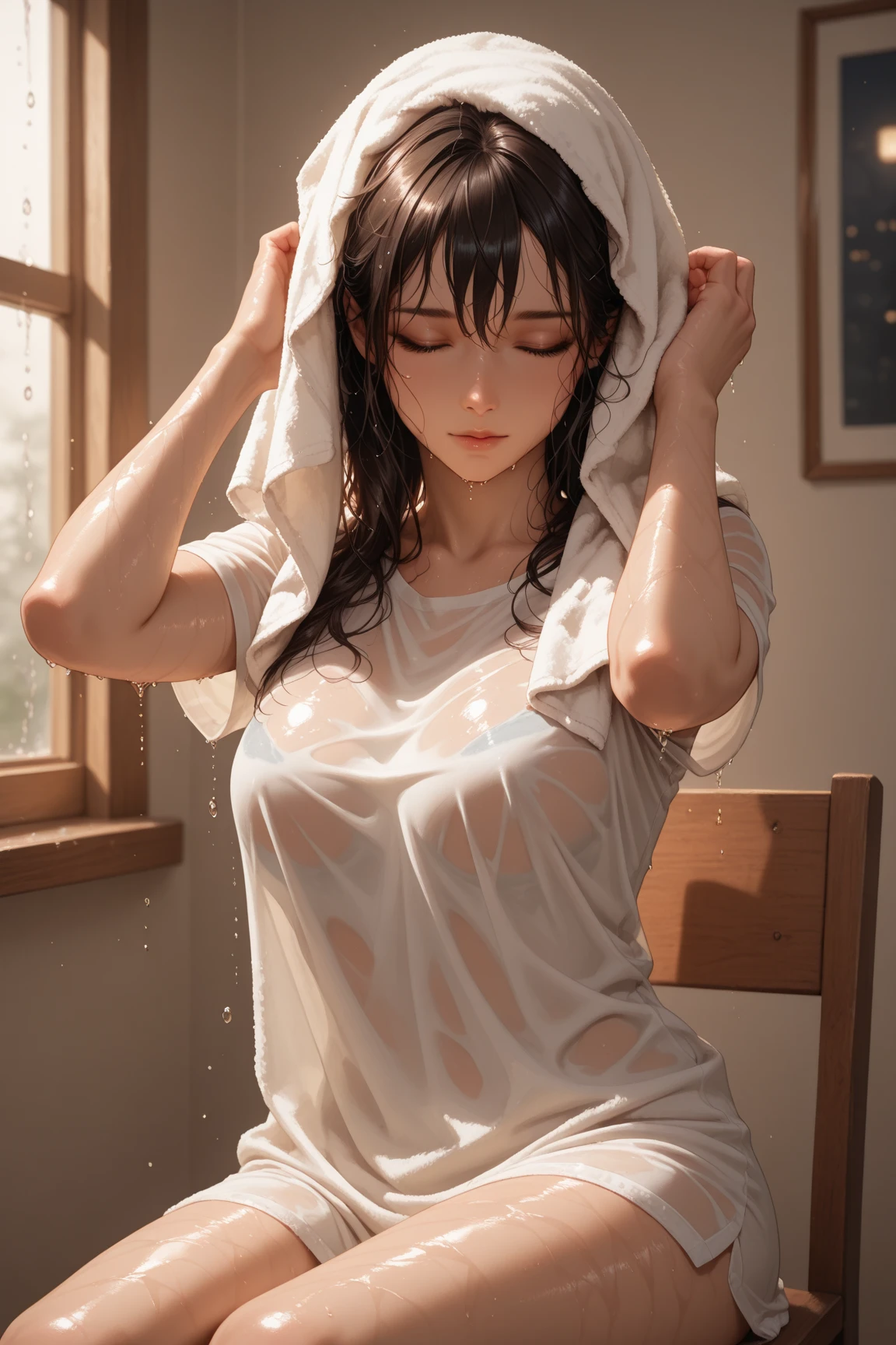 (8K, Raw photo, Best Quality, masutepiece:1.2), (Realistic, Photorealsitic:1.37),1 girl,Cute, (Solo),A detailed face, Dramatic Angle,
,volleyball uniform,Look away,Sporty,Wet skin,Sweat,Large breasts,Wearing knee socks,Gymnasium ,(A scene where a transparent humanoid spirit invades her body.:1.56)、(The girl is being possessed by someone else and her eyes are blank.:1.45)