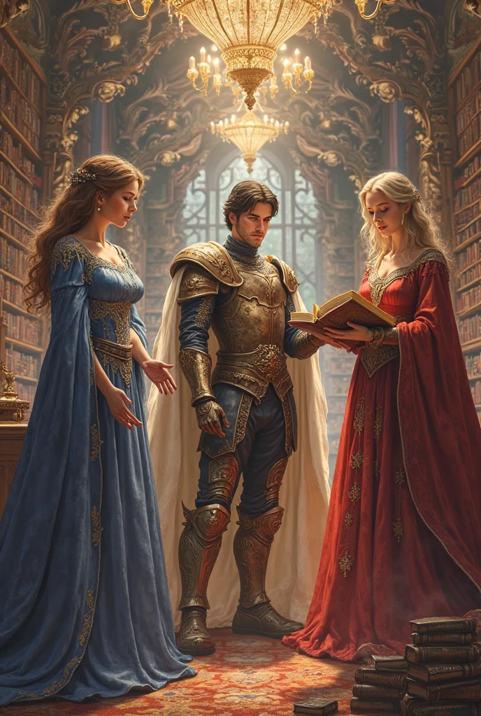 arafed a picture of elf vampire in her castle and her pet wolf, an exquisite beautiful female elf vampire (ultra details, Masterpiece, best quality), bloody mouth blond hair, pale skin, hair in a ponytail, long hair, blue eyes, cold eyes, smirking, wearing white dress (ultra details, Masterpiece, best quality), red cloak, in dark fantasy library, with an big grey wolf  (ultra details, Masterpiece, best quality) book shelves, arafed high details, best quality, 8k, [ultra detailed], masterpiece, best quality, (ultra detailed), full body, ultra wide shot, photorealism, RAW, dark fantasy art, gothic art,
