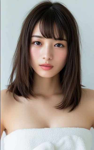 highest quality、8k、32k、masterpiece、Hmph:1.2)、Student girl、Beautiful Japanese Women、Light bangs、(Completely naked)、White wall