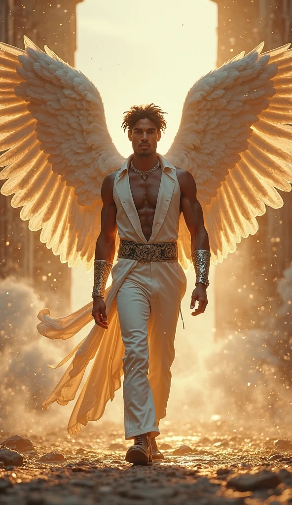 Fairy male black man with orange and gold details, large wings, detailed face, detailed hands, detailed legs, detailed fingers, detailed hair, detailed eyes, detailed skin, lush vegetation blurred background, vibrant colors, lush light, soft light, sunset light, smooth light, symmetrical, full body, reflections, dynamic HDR lighting, 8k resolution, cinematic film, smooth, sharp focus, realistic, strobe light beams,  ((blurred background)):1.7, (((depth of field)) ):1.8, cinestill 800t 35mm, high quality, heavy grain, high detail, cinematic composition, dramatic light, anamorphic, ultra wide lens, hyperrealistic --auto