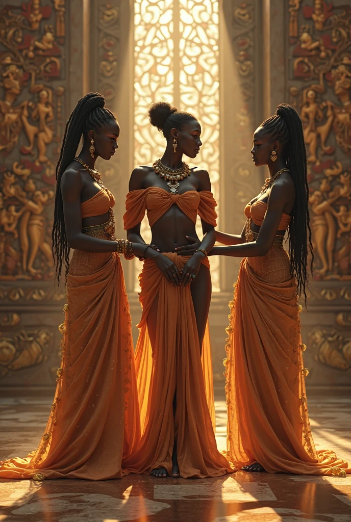 dark skin Woman Queen duo, with HUMONGOUS ASS paired with super thin waist. hip dips, wide hips, trapezoidal hips, cinematic photography women fully clothed: tapered waist