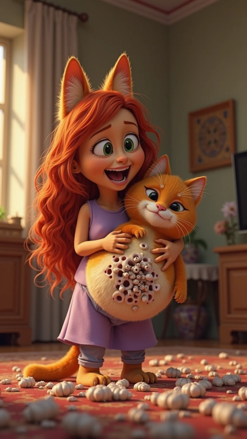 Create an animated pixar photo of a red-haired woman with big hips, chubby and a little chubby, with a small black and white cat and another orange and white cat and a Yorkie dog, everyone happy