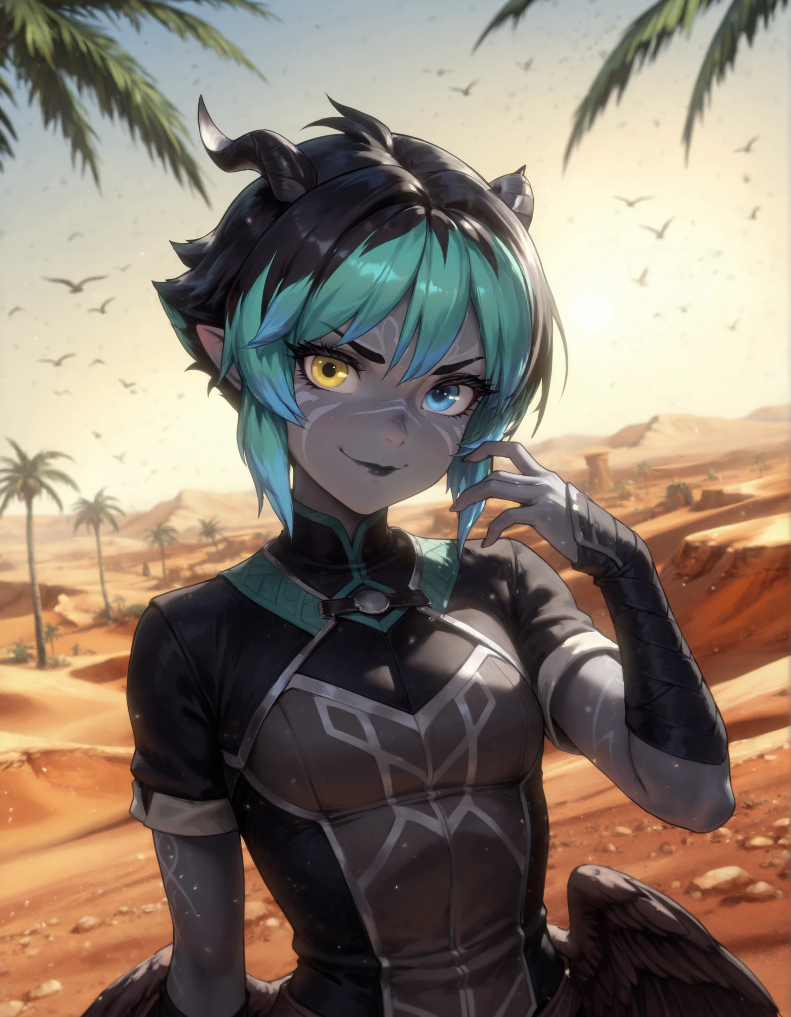 dr4g0n-style, masterwork, masterpiece, highres, very aesthetic, absurdres, 8k, uhd, high detailed face, absolutly gorgeous, high detailed eyes, perfect eyes, dynamic light, dynamic angle, natural light, 1girl, solo, short hair, blue eyes, black hair, closed mouth, looking at viewer, smile, blue hair, upper body, yellow eyes, multicolored hair, outdoors, horns, pointy ears, hand up, desert background, colored skin, heterochromia, grey skin, green hair, palm tree, skywing elf, dark brown wings, bird wings, low wings, v-shaped eyebrows, long eyelashes, black lips, masterpiece, best quality, amazing quality, masterwork, cinematic light, harsh shadows, light and shadows, perfect composition