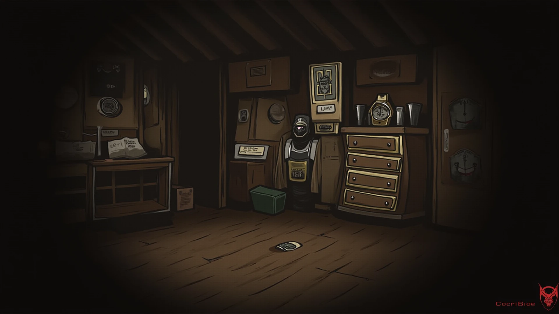 Create a coloring page of a dark room with a few boxes full of junk and an old closet