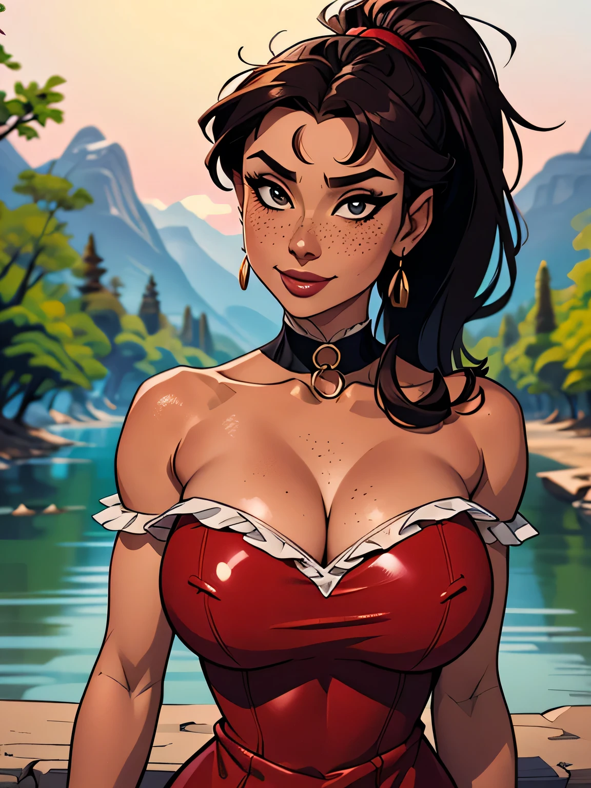 Woman style character beautiful breasts symmetrical medium breasts Fiona queen Anna of Arendelle with war marks Cartoon image of a woman .Ilustra??o estilo desenho animado, estilo de arte dos desenhos animados, estilo de arte dos desenhos animados, digital illustration style, estilo atompunk design de personagens altamente detalhado, arte digital detalhada coragem, Forest fan art, Design de personagens de retrato, beautiful digital illustration, retrato de alta qualidade, Arte em quadrinhos, mulher jovem cabelo com transas lindas . Queen Anna of ArendelleBeautiful lined eyes Medium large bust and wonderful sexy clothes. image expression of sexual desire from waist to head illustration Queen Anne of Arendelle atompunk style Fallout 4 style pose playboy magazine