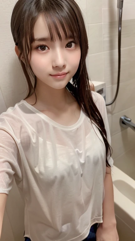 masutepiece, Best Quality, Illustration, Ultra-detailed, finely detail, hight resolution, 8K Wallpaper, Poses that include the perfect full body, Beautiful detailed eyes, ((Drenched and light shirt:1.4)),((Drenched face and body:1.1))、 Random and cute hairstyles, rather large breasts protruding heavily from underwear,,,Natural Color Lip, Random and cute poses,((Random cute wet underwear)),((breastsout、under look eyes、Mole on the arm:0.9))、((short-cut))、((Frontal camera work:1.5))、((Drenched face and hair:1.6)),((Wet sheets)),((A big smile))、((lying on the bed:1.2)),((T-back underwear))