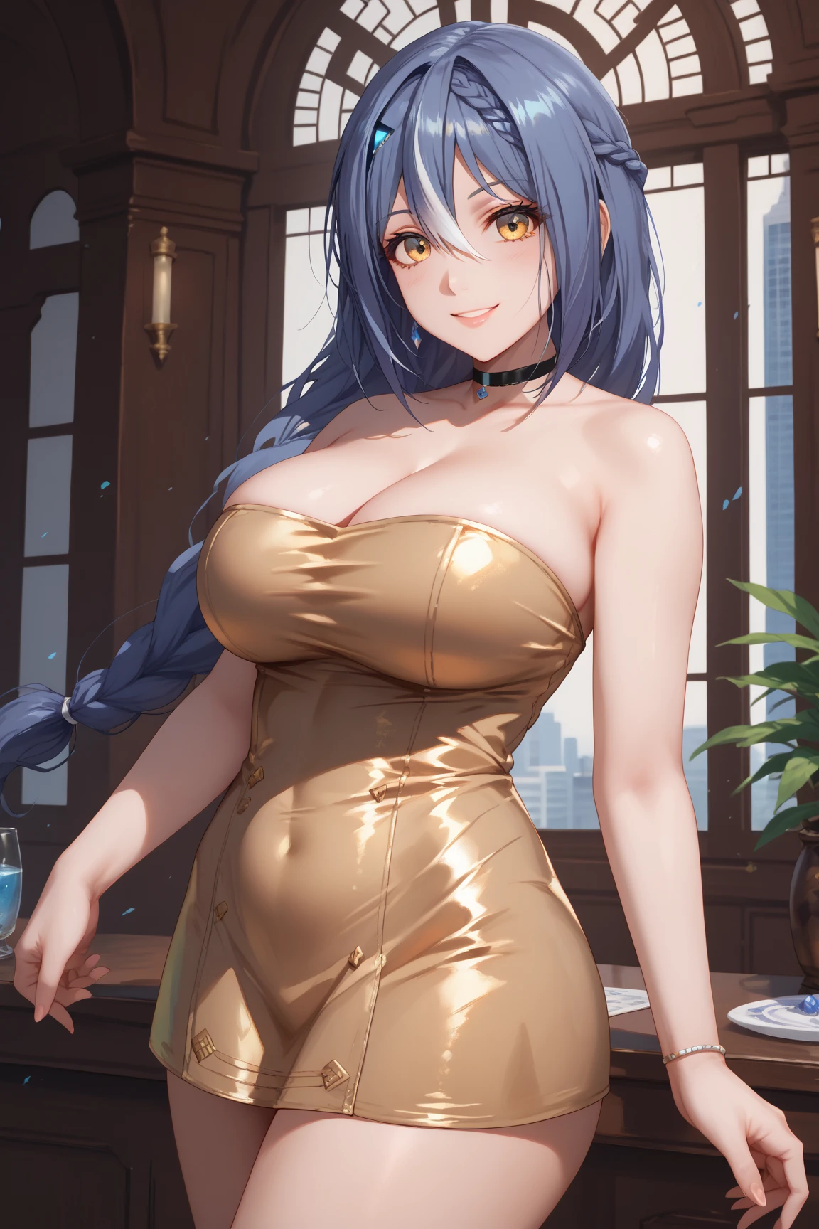 best quality, masterpiece, solo, {st louis_azurlane:1.15}, blue hair, bangs, sidelocks, breasts, large breasts, side ponytail, blush, long hair, cleavage, purple eyes, hair ornament, smile, hair between eyes, jewelry, pink eyes, 1girl, backless dress, backless outfit, bare shoulders, dress, evening gown, halter dress, halterneck, necklace, plunging neckline, revealing clothes, silver dress, earrings, grey dress, hairclip, looking at viewer, thighs, parted lips, nail polish, (muscular:1.6), arms up