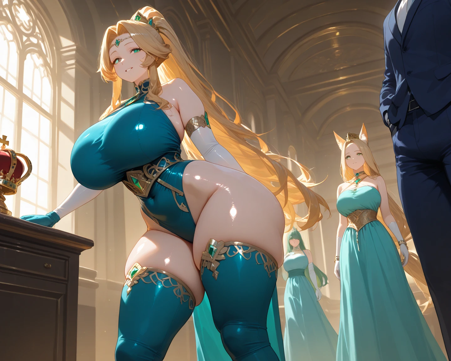 voluptuous milf elf, wearing an intricate lacey dress, walking in model runway stage, full body photo, ((gigantic breasts)), stilettos, long blonde hair, arms behind back