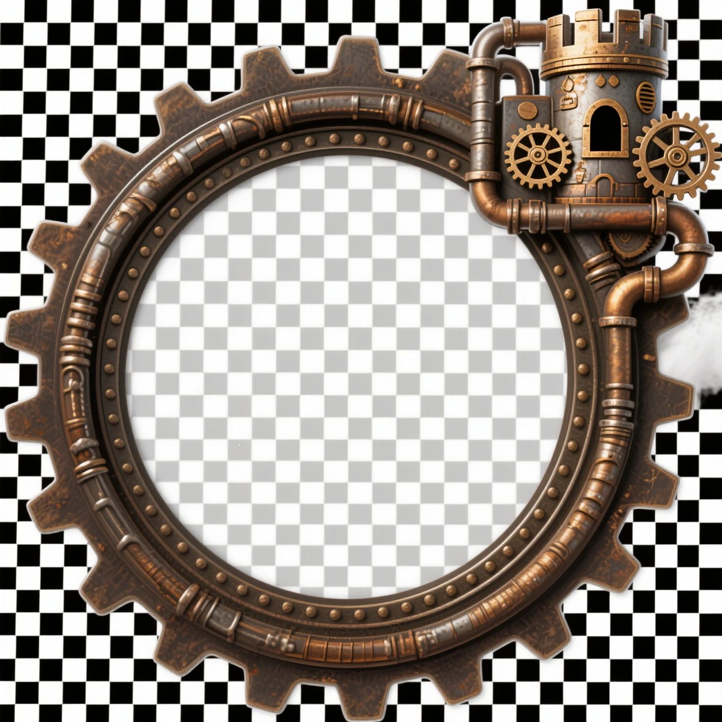 Round icon frame design、Steampunk style gears are framed、The steampunk style castle uses pipes and gears in the upper right corner、Transparent background