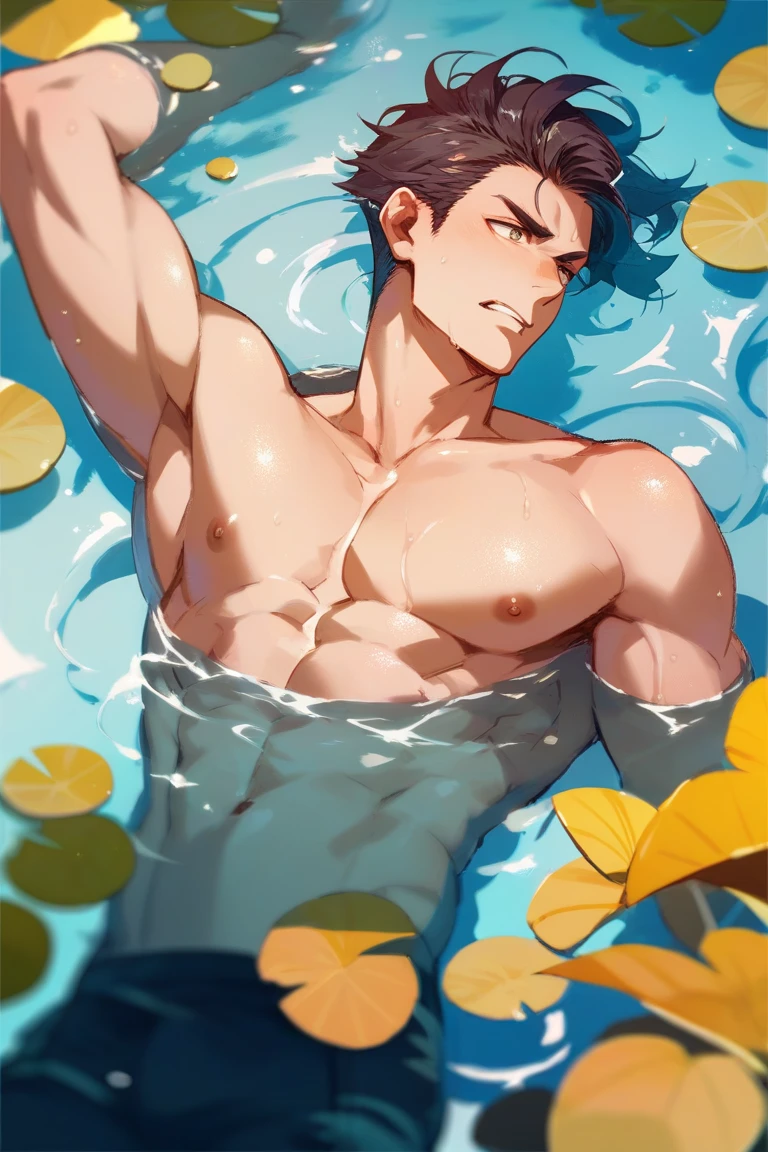 1boy, ((bara:1.5)), sport body, sexy, spread legs, detailed face, detailed hands, detailed legs, detailed fingers, detailed hair, detailed eyes, detailed skin, dynamic lighting, (detailed lighting:1.2), (detailed textures:1.3), (realistic lighting:1.2), realistic shadows, realistic skin, (photorealistic:1.4), 8k uhd, (hyper realistic), (photo realistic), (masterpiece), (best quality), body paint, small tiny black g-string, bare chest, flat chest, bare shoulders, small bulge, underwater, wide angle, swimming, athletic body, male, iridescent skin, perfect eyes, messy green hair , bio-luminescent