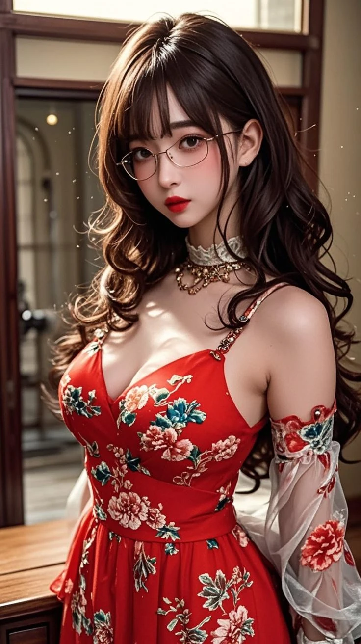 masterpiece, best quality, illustration, (dynamic lighting:1.2), cinematic lighting, reflection, delicate facial features, detailed eyes, ultra-detailed eyes, sharp pupils, star-shaped pupils, realistic pupils, depth of field, bokeh, glitter, glitter, glistening, sharp focus, (hyper-detailed, bloom, glow:1.4), exceptional beauty, alluring face, cute look, multicolored hair, pink hair, shining hair, red hair strands, ponytail, (ponytail:1.4), high ponytail, enchanting purple eyes, two-tone colored eyes, blue eyes, shiny, sparkle, sparkling, eyeglasses, (eyeglasses:1.2), eye wear, elegance, red chinese traditional clothes, red chinese long dress with dragon pattern, golden pattern, gold, gold ornaments, chinese style, dragon, delicate features, 1girl, solo focus, medium full shot, white skin, intense bright, absurdres, high-res, ultra-detailed, large breasts, huge breasts, perfect breasts, hair ornaments, earrings, accessories, jewelry, perfect arms, perfect hands, perfect fingers, perfect body, perfect, beautiful body, blushing, smiling, angelic, lunar, new year, lunar new year background, dragon, fireworks, night market background, lantern, expert shading, extreme light effects, intense bright, glare, sharp eyelash, red lips, dynamic pose, collarbone, detailed collarbone, off shoulder, bare shoulder, perfect shoulder, perfect neck, bare shoulders, perfect shoulders, collarbone, detailed collarbone, cleavage, cleavage cutout, deep cleavage, no strap, strapless, bare arms, maximum exposure, exposed body, exposed midriff, exposed belly, exposed waist, exposed hip, sleeveless, no sleeves, nude, no clothes, completely nude, topless, bottomless, full nude, bare breasts, exposed breasts, fully undressed, girl undressed, clothes removed, completely naked breasts, exposed crotch, bare crotch, crotch cutout, crotchless clothes