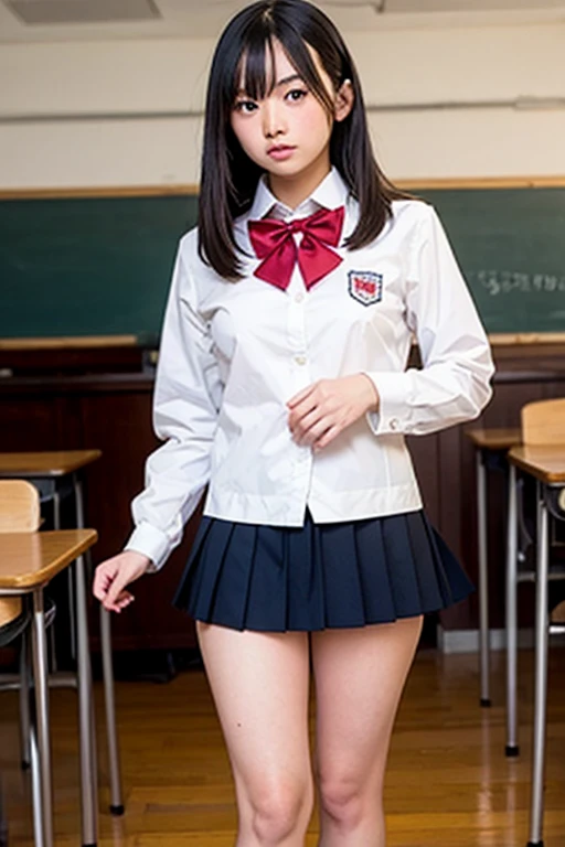 ((Breast enlargement)), (masterpiece, Highest quality:1.2), 8K, Young and beautiful girl, 85mm,Official AR RAW Photos, (Baby Face), ((Small face)), (((Super big breasts))),  Detailed nipples, Show me your ears、photo shoot, Cute face, Thighs, Classroom after school, Looking at the audience, Embarrassing、smile、No makeup, Film Grain, chromatic aberration, Sharp focus, Face Light, Bright lighting, 10 generations, Detailed face, Background blur、((((((14 year old high school girl))))))、Narrow waist, ((Schoolgirl uniform, Pleated mini skirt)), (White tiny panties), Sit with your legs apart