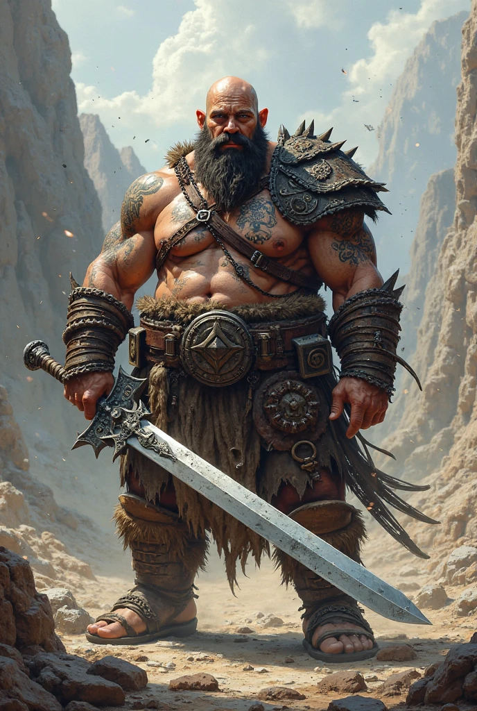 Tall, slightly overweight, strong warrior with scars, tattoos and a beard